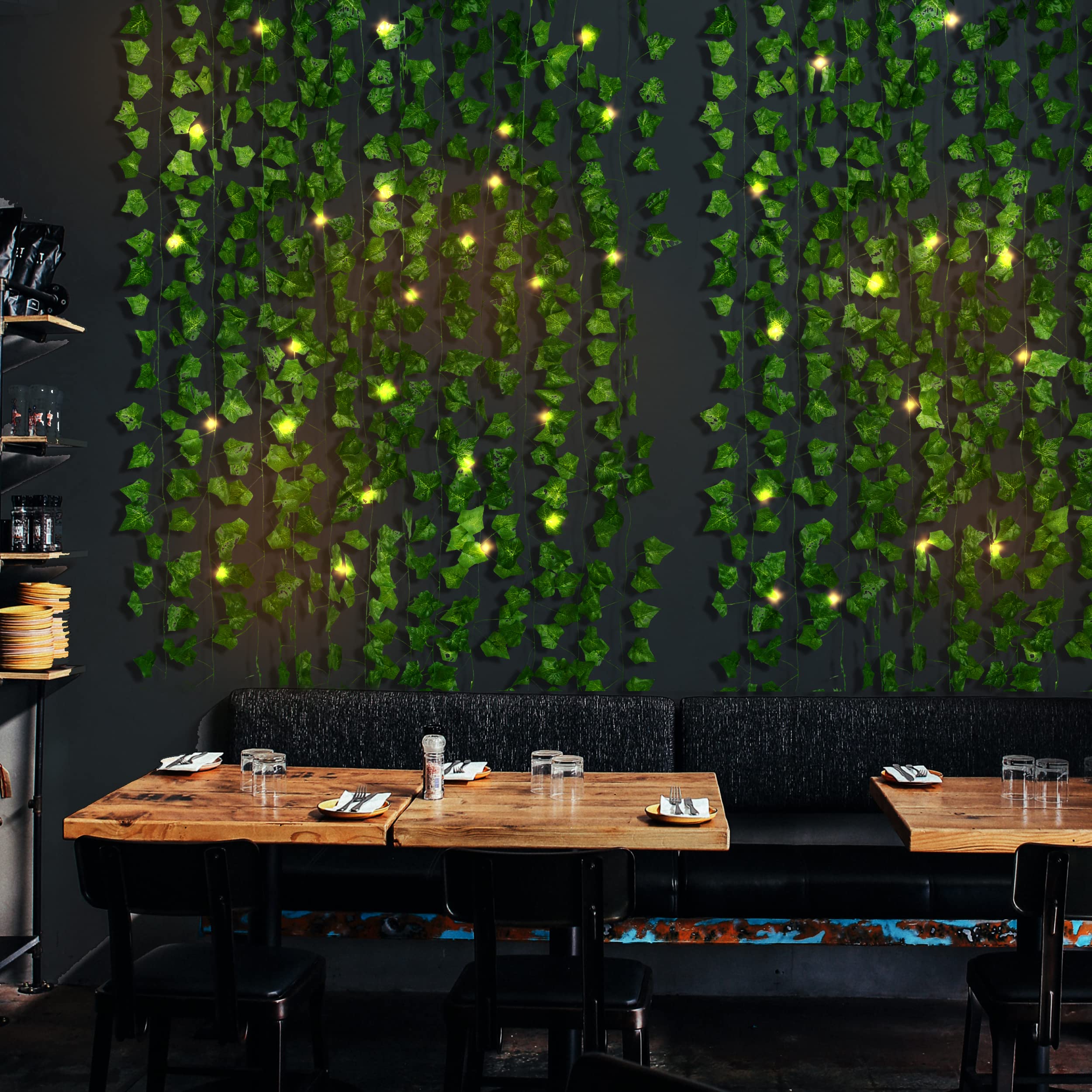 12 Pack 84Ft Artificial Ivy Leaf Plants with LED String Lights - Fake Ivy Garland Greenery for Wedding, Wall Decor, Party, Home, Room, Kitchen & Garden - Waterproof Hanging Vines for Indoor/Outdoor Use