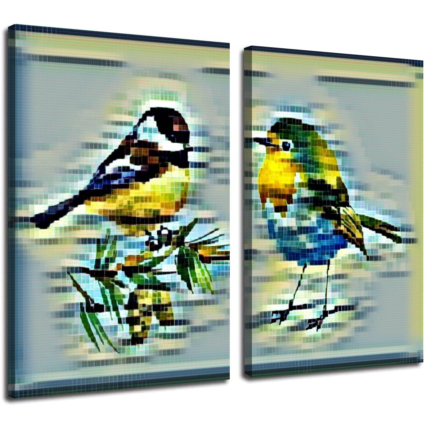 POTAETWL 2 Panel Canvas Wall Art - Hand Painted Robin & Chickadee Watercolor Bird Painting Set, 24x36 Inch Modern Home Decor for Living Room, Bedroom, Office | Nature-Inspired Wall Art for Cozy Home & Workspace Aesthetics