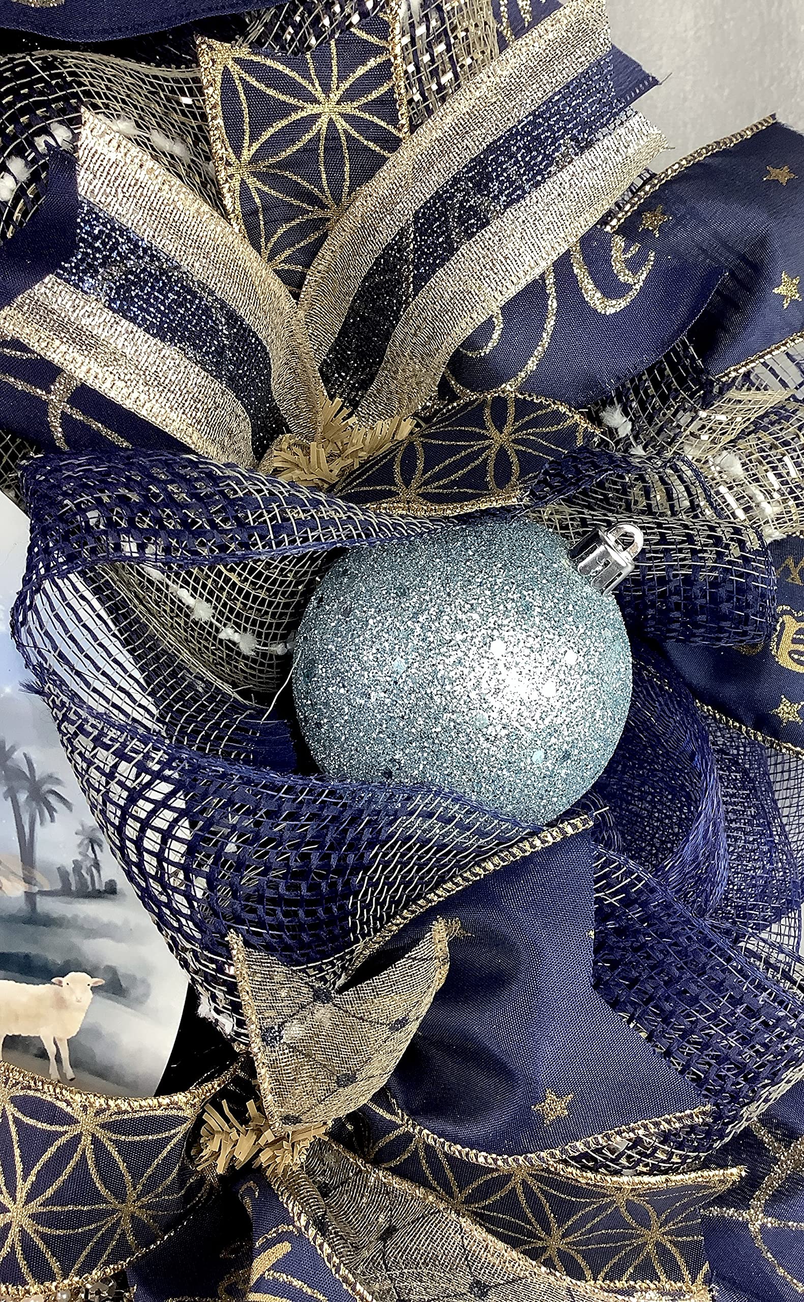 Nativity Christmas Wreath with Baby Jesus in Manger - Navy Blue & Gold Holiday Decor with Beautiful Ball Ornaments & Bow | Perfect for Front Door, Fireplace & Christmas Tree Decorations