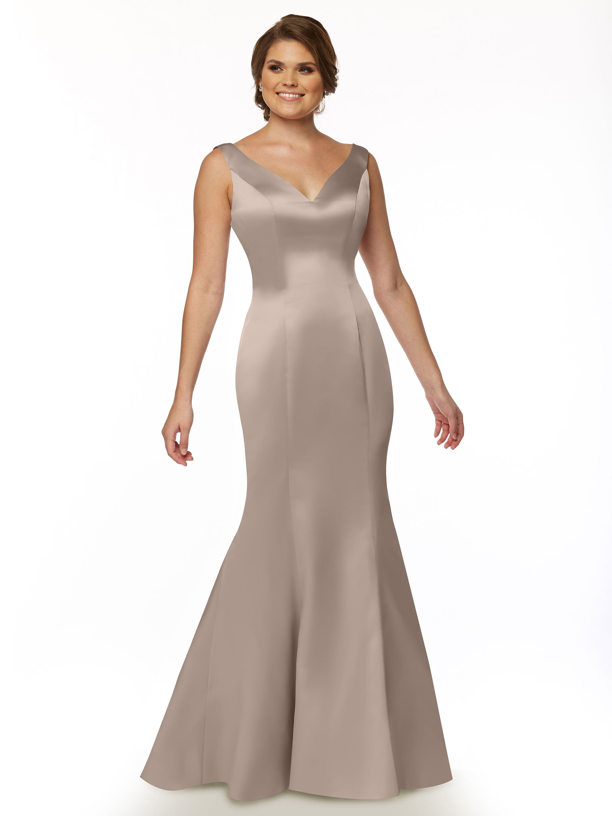 Elegant 80078 Fit and Flare Satin Bridesmaid Dress with V-Neckline & Ruffled Back - Perfect for Weddings, Prom, and Formal Events