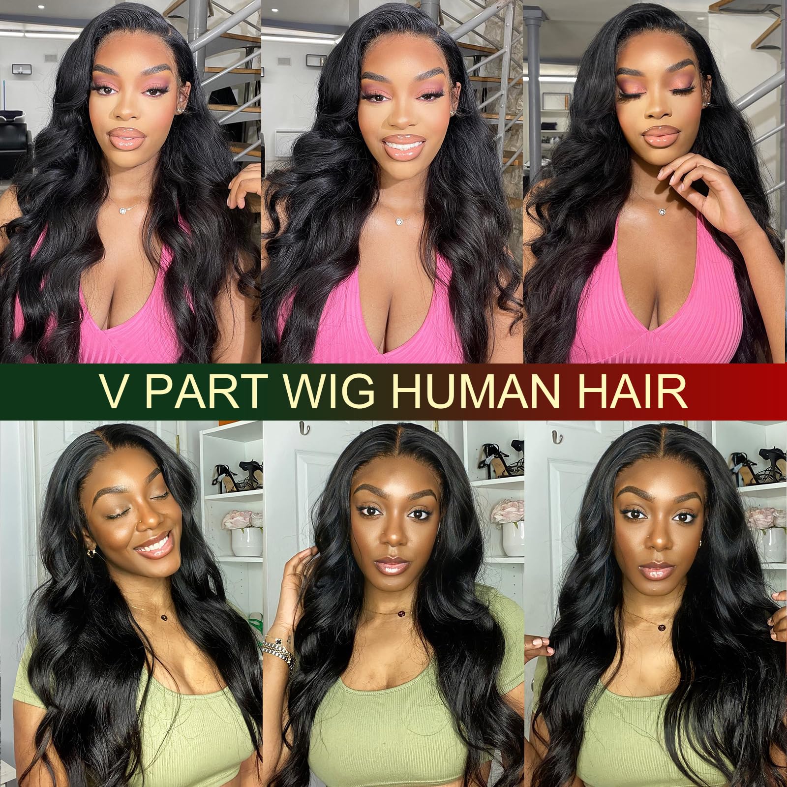 MEGALOOK V Part Human Hair Wig - Body Wave Glueless Clip-in Wig for Beginners | No-Sew No Glue U Part Wig | 180% Density Natural Color 24 Inch | Perfect for Daily Wear, Parties & Special Occasions