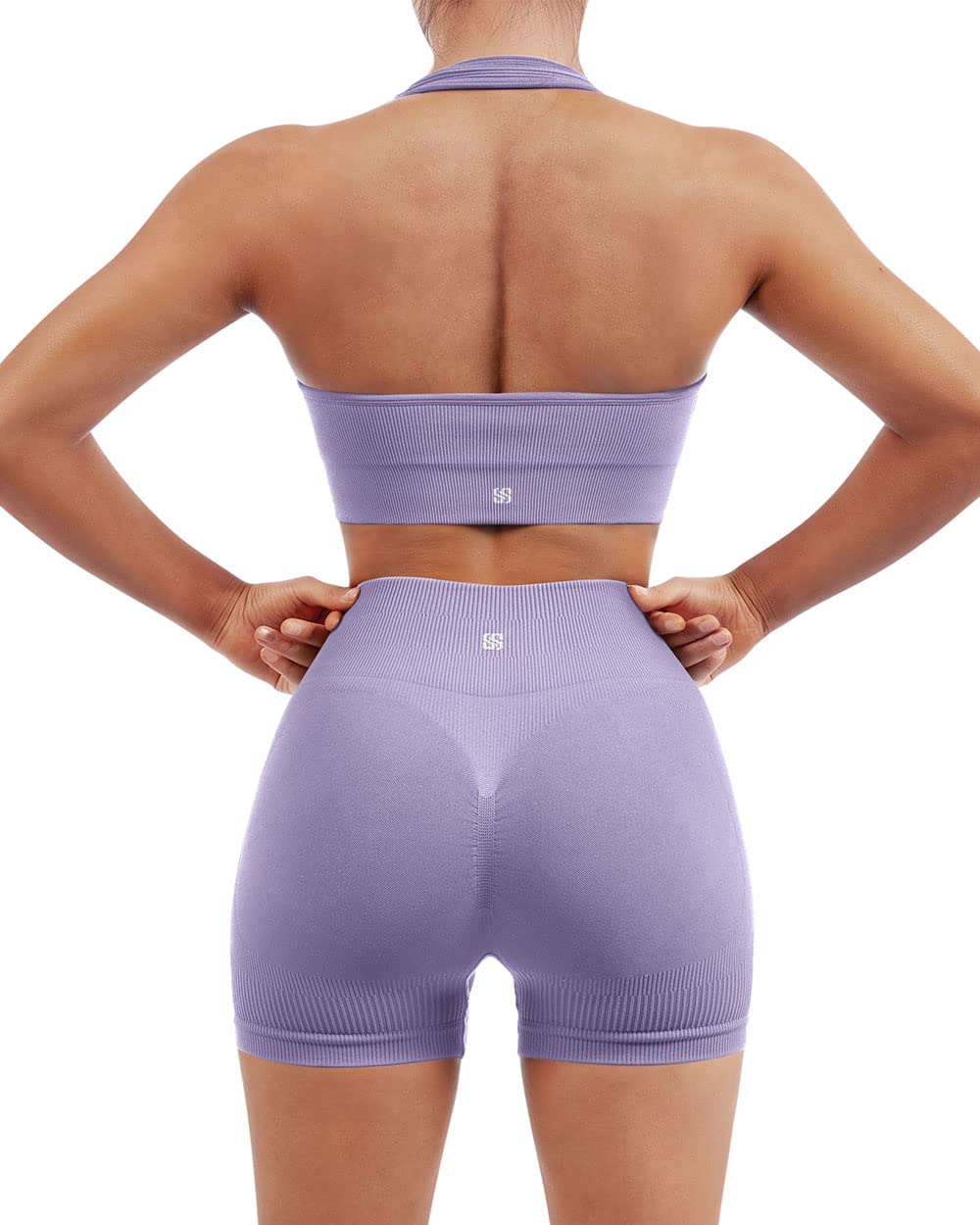 SUUKSESS Women's Seamless Ribbed Workout Set - Backless Sports Bra & High Waisted Biker Shorts for Yoga, Gym, Running & Lounge Wear