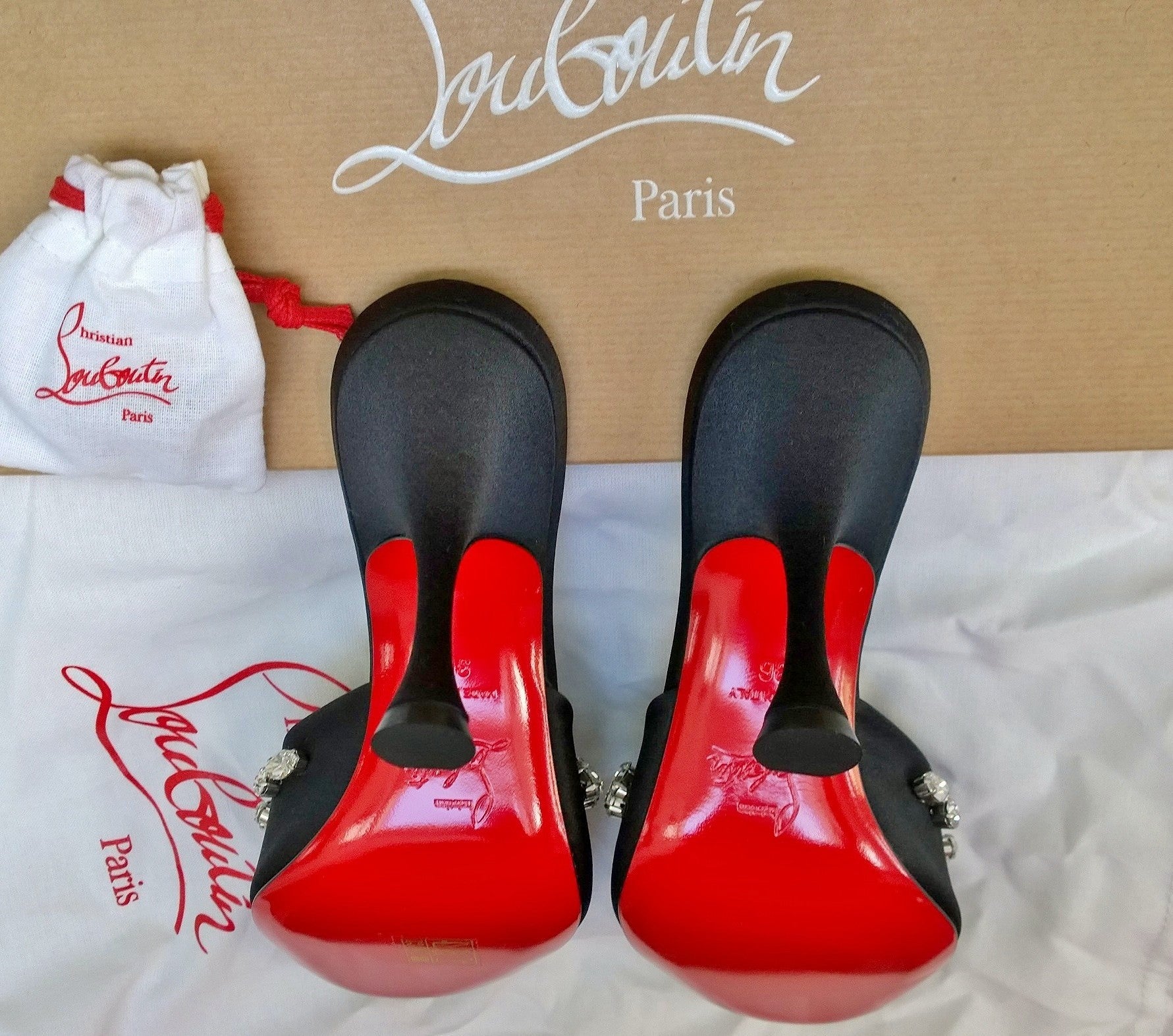 Christian Louboutin Degraqueen 85 Black Satin Rhinestone Sandals Slides - Luxury High Heel Open-Toe Pumps for Women - Perfect for Weddings, Parties & Special Occasions