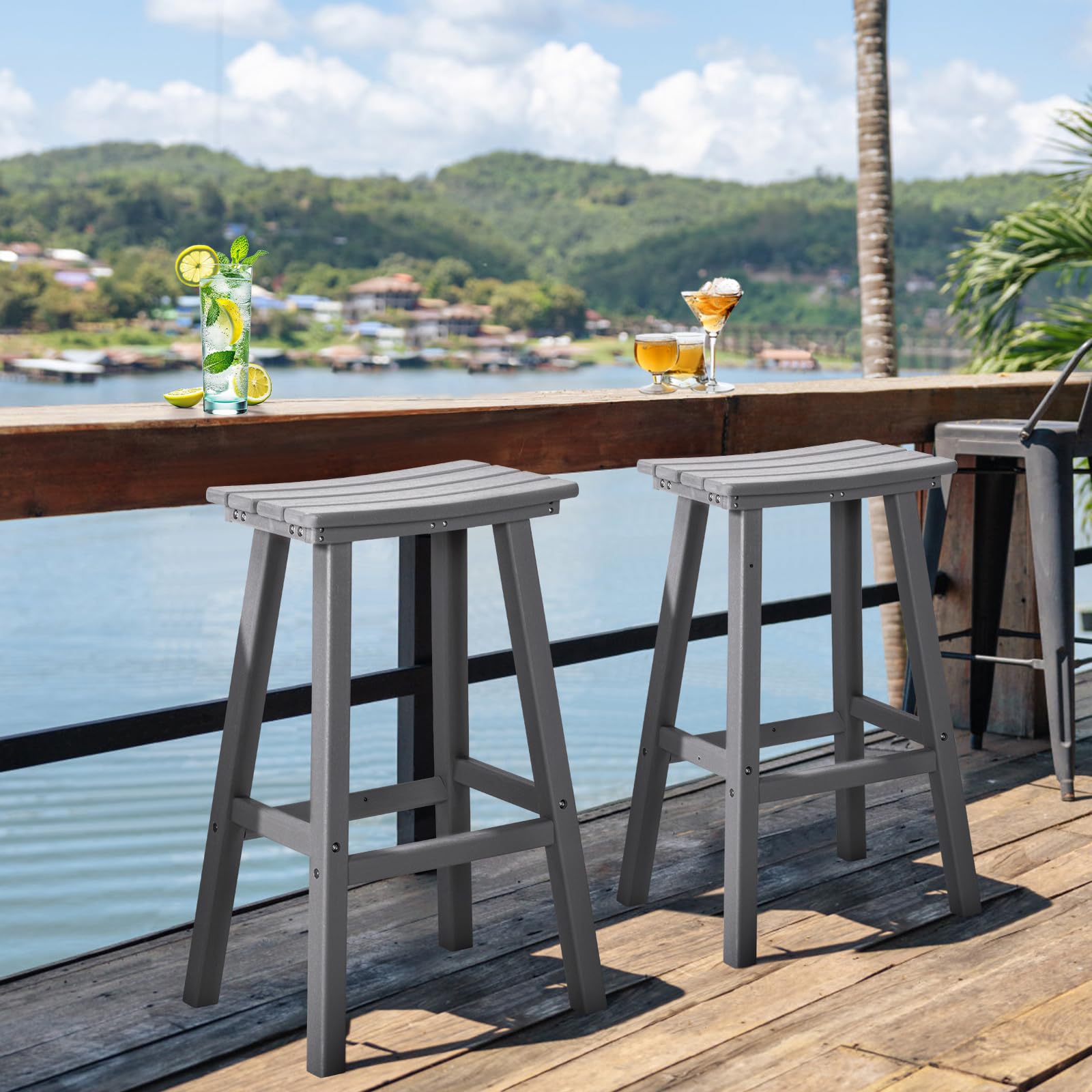NALONE 29 Inch Outdoor Bar Stools Set of 2 - Weather Resistant HDPE Bar Chairs with Footrest for Patio, Deck, Backyard, Kitchen Counter & Balcony (Grey, 29'' Bar Height Stools) - Perfect for Outdoor Dining, Entertaining & Relaxing