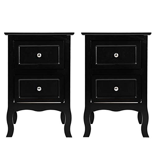 Aveland Happy 2-Piece Country Style Two-Tier Nightstand Set - Large Size Black Wooden Bedside Tables for Bedroom, Living Room & Guest Room - Perfect for Storage, Reading Lamps & Home Decor