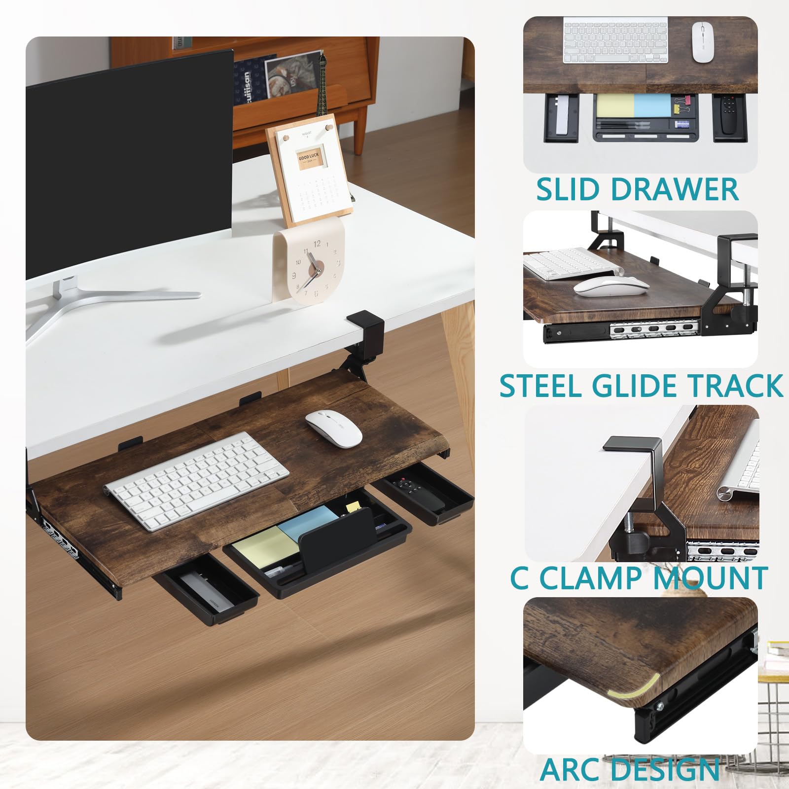 Ergonomic Under Desk Keyboard Tray - Slide-Out Wooden Platform with C-Clamp for Home & Office Workspace