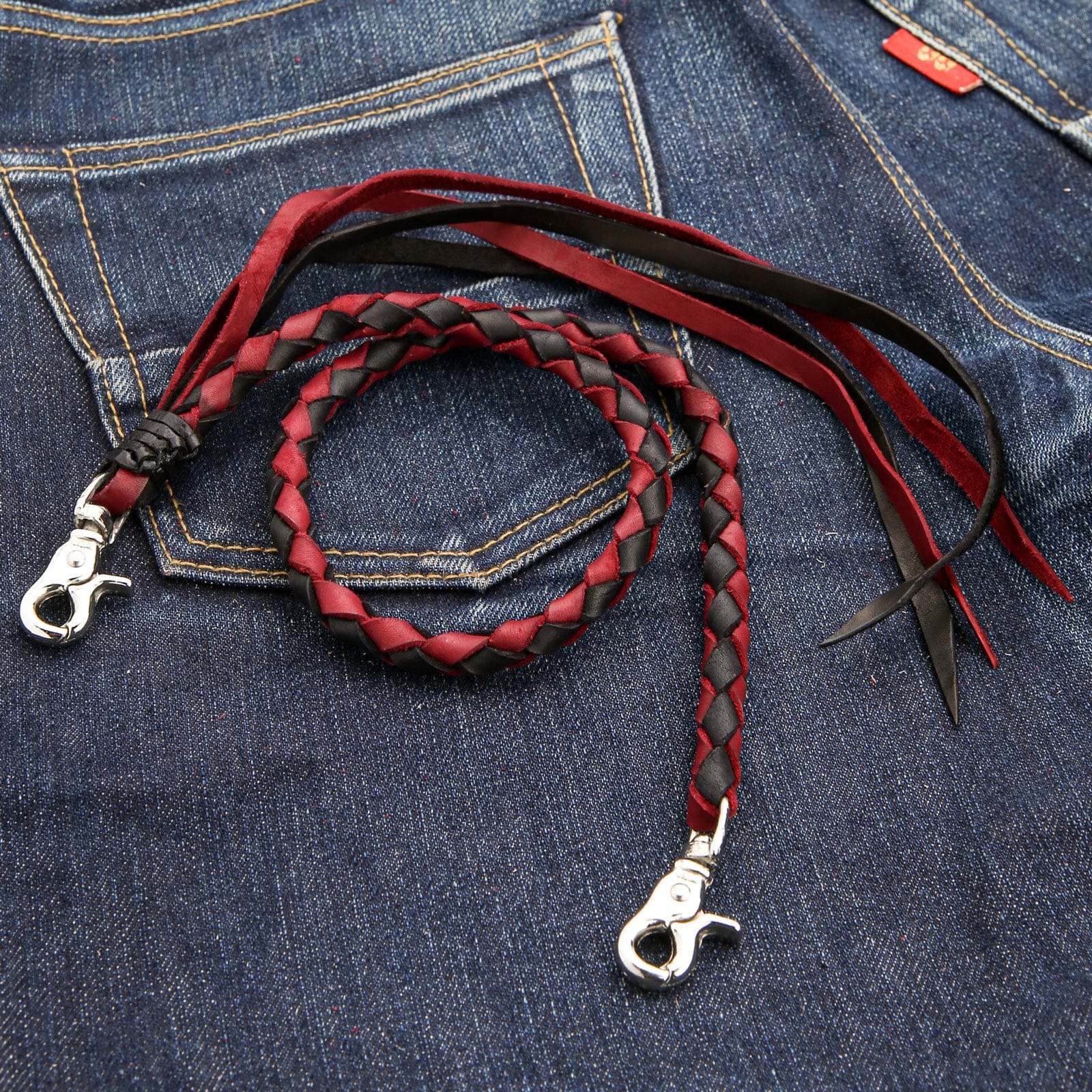 Red and Black Braided Genuine Leather Wallet Chain for Men - Stylish Belt Loop Accessory for Bikers, Jeans & Everyday Carry