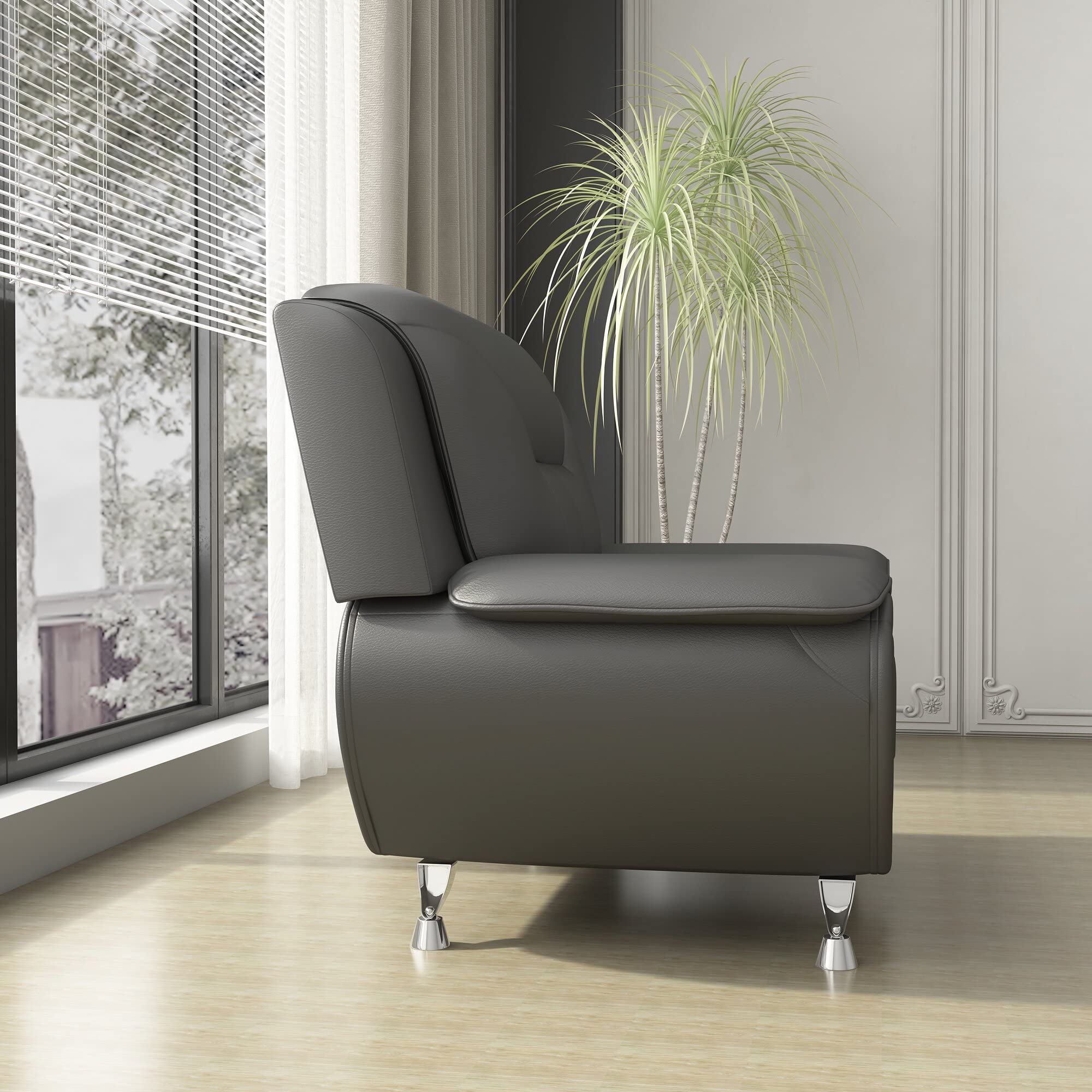 Modern Faux Leather Accent Chair with Stainless Steel Legs - Sleek Gray Upholstered Living Room Chair for Home Office, Lounge & Reading Nook