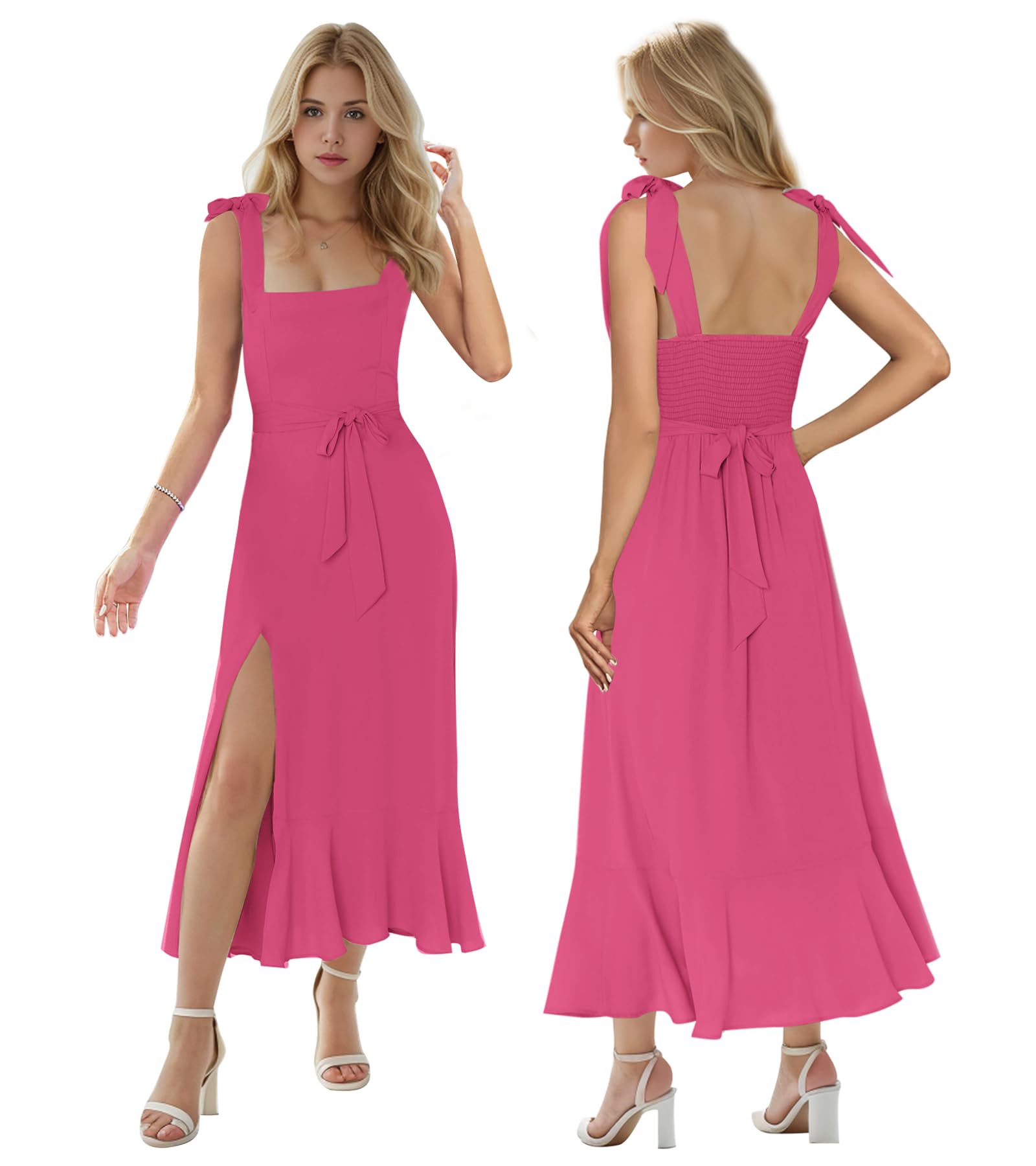 Elegant Women's Midi Dress with Square Neck & Side Slit - Ruffle Smock Design for Wedding Guest, Evening Party & Formal Occasions | Flowy Summer Dress for Bridal Shower, Cocktail Party & Special Events