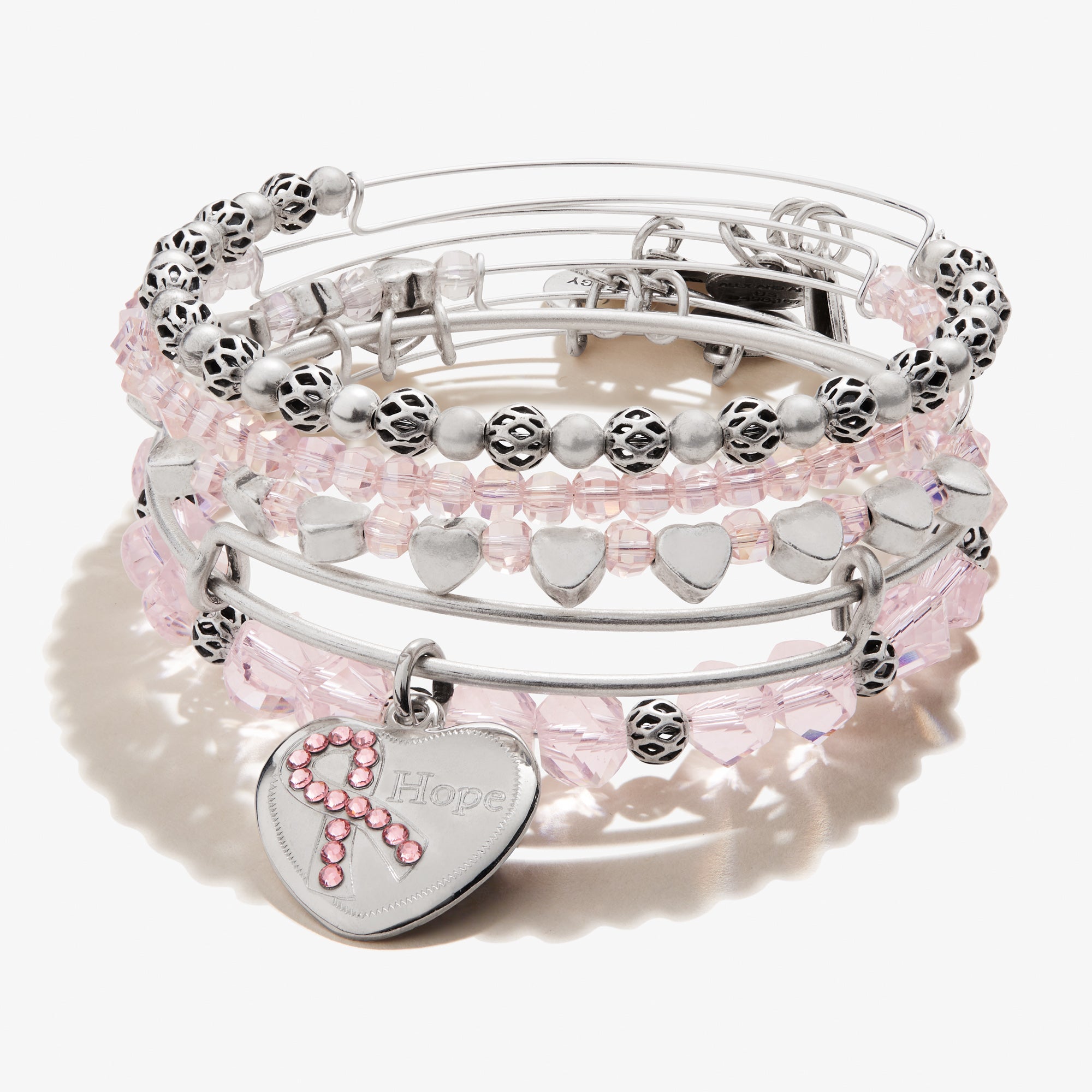 Hope Pink Ribbon Charm Bangle Bracelet Set of 5 - Breast Cancer Awareness Jewelry for Women, Fundraising Events & Support Gifts