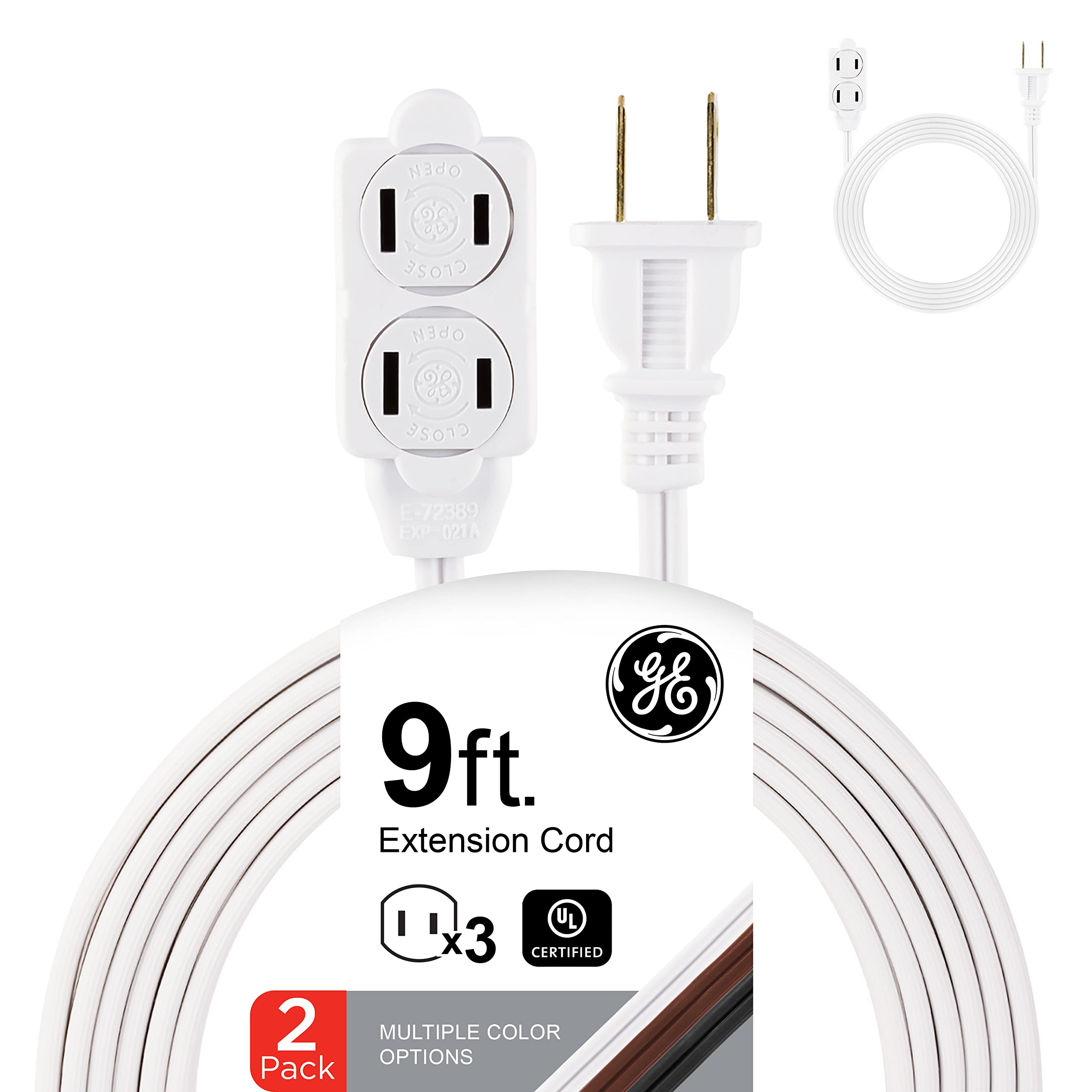 GE 3-Outlet Extension Cord Power Strip - 9 Ft Heavy Duty 16 Gauge Outdoor Extension Cord with Twist-to-Close Safety Covers, 2 Pack, UL Listed White (50357) - Perfect for Home Office, Garage & Outdoor Use