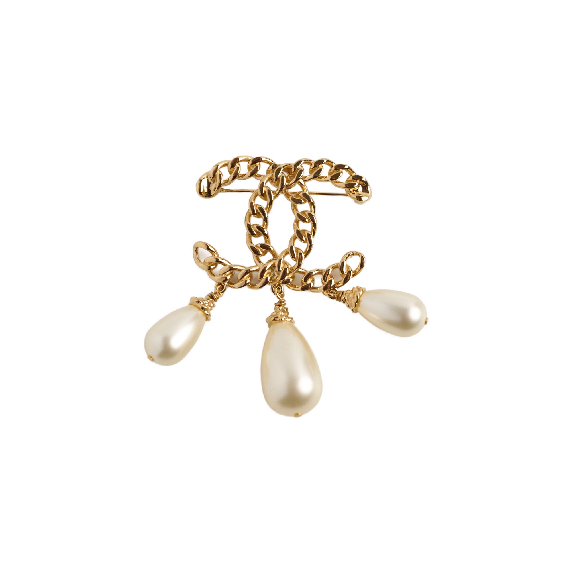 Chanel Large 3 Pearl Drop CC Brooch - Elegant Gold-Tone Pearl Pin for Women | Perfect for Blazers, Dresses & Special Occasions