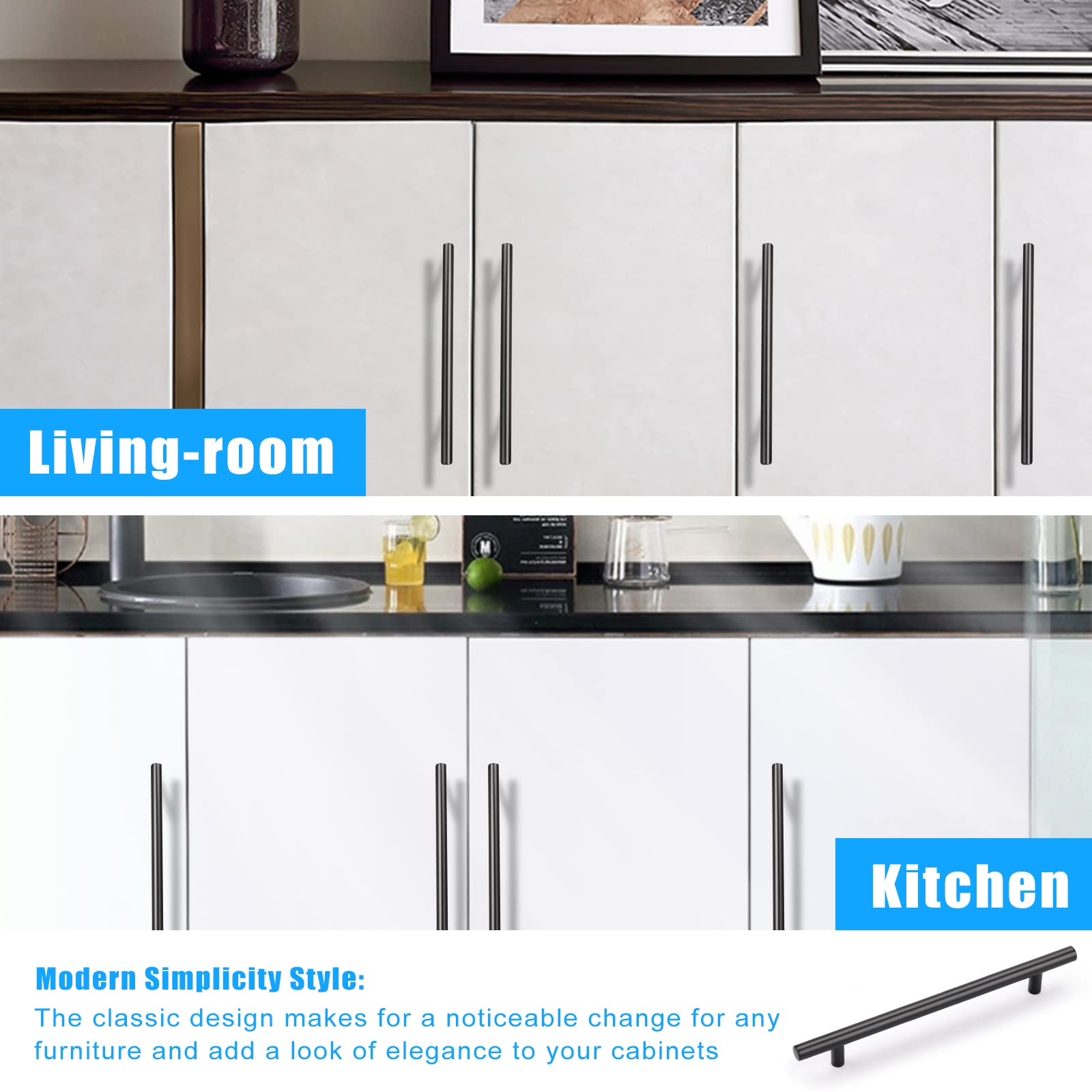 KNOBWELL 10 Pack 6-3/10 Inch Matte Black Cabinet Handles - Kitchen Drawer Pulls, Closet & Dresser Hardware, Round T-Bar Cupboard Pulls (5 Inch) for Modern Home & Office Furniture Upgrade