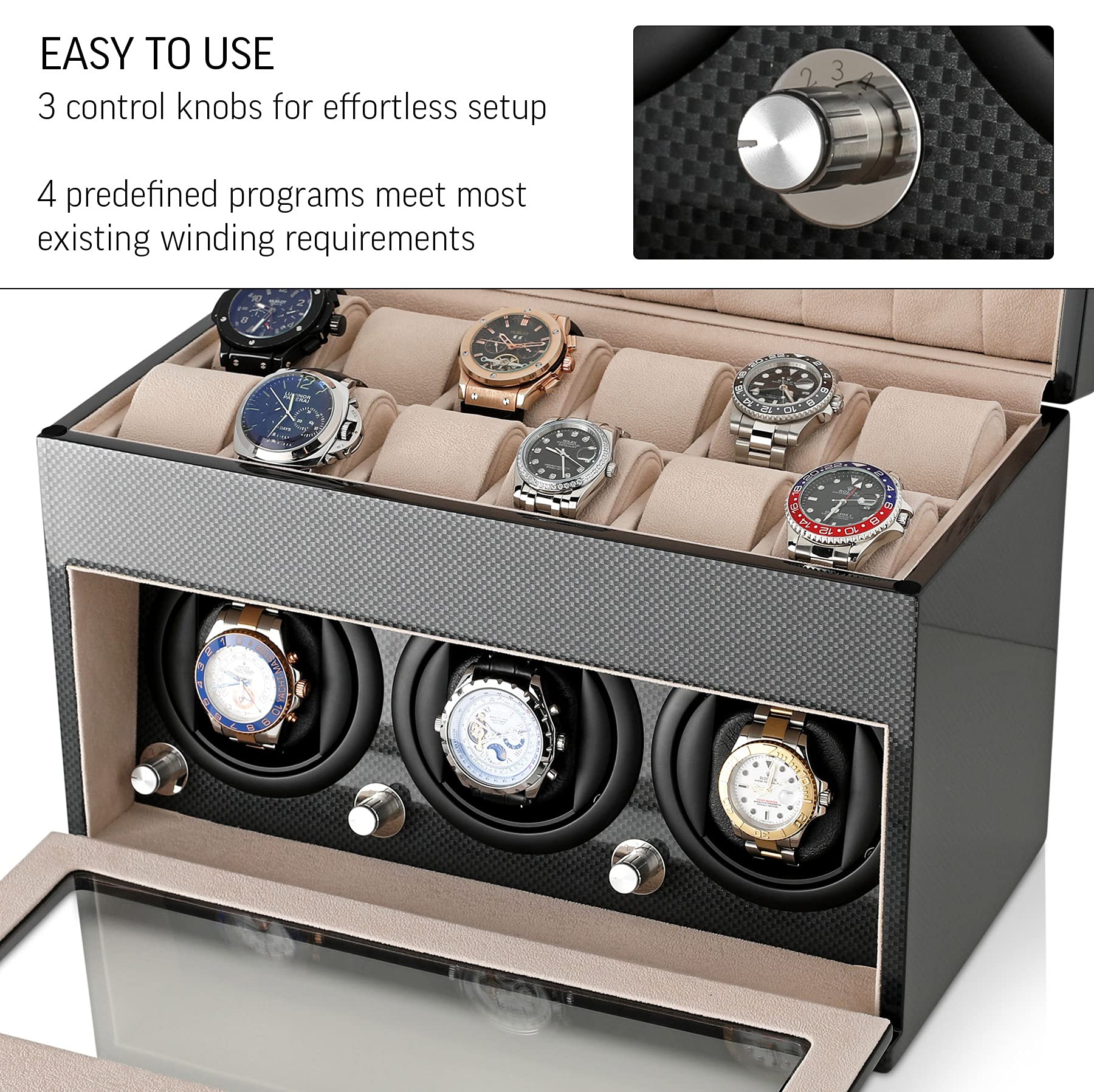 Premium Automatic Watch Winder for 3 Watches with 12-Slot Storage Box - Perfect for Watch Collectors & Luxury Timepiece Enthusiasts | Home Display & Travel Protection