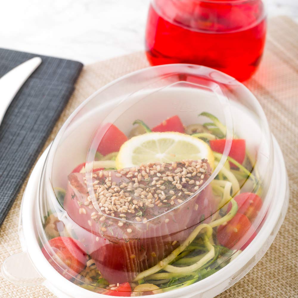 **Disposable Clear Plastic Flat Lids 100-Pack - Fits 18 oz Bagasse Salad Plates (Plates Sold Separately) - Eco-Friendly Pulp Tek Lids with Built-In Tab for Restaurants, Catering & Takeout**
