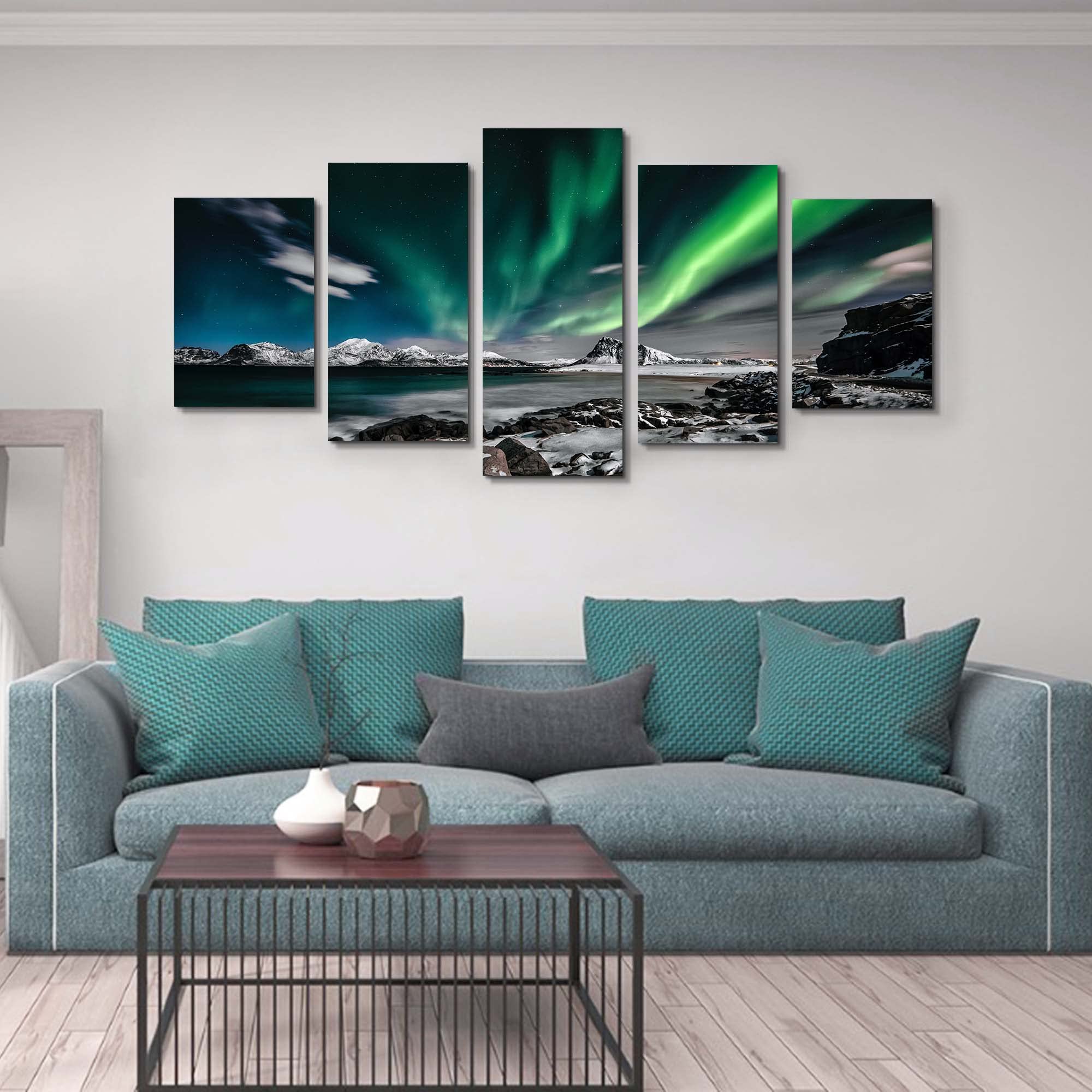 Aurora Borealis Canvas Wall Art - Northern Lights Landscape Painting for Living Room, Bedroom & Office Decor | Wooden Framed Prints Ready to Hang (5-Piece Set, 80x40 Inches) | Perfect for Home, Office & Gift Giving