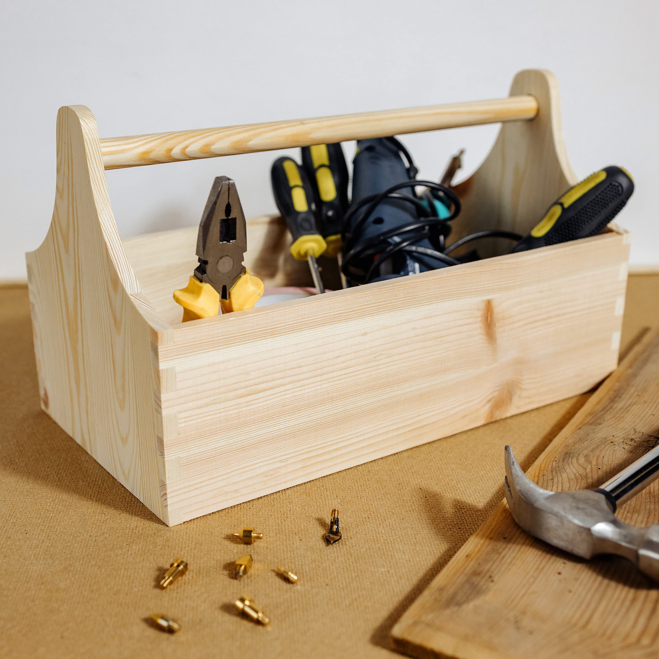 Creative Wooden Tool Box - Natural Unfinished Tool Chest with Handle - 34 x 18 x 20.5 cm (+/- 0.5 cm) - Empty Wood Tool Organizer - Perfect Gift for Men & DIY Enthusiasts - Ideal for Workshop, Garage, and Home Organization