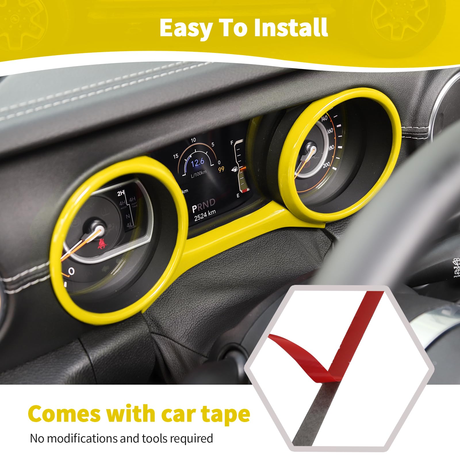 Jeep JL Dashboard Gauge Trim Ring Cover - Yellow Interior Accessories for Wrangler JL/JLU & Gladiator JT (2018-2023) - 3pcs Set - Perfect for Off-Roading & Custom Jeep Upgrades