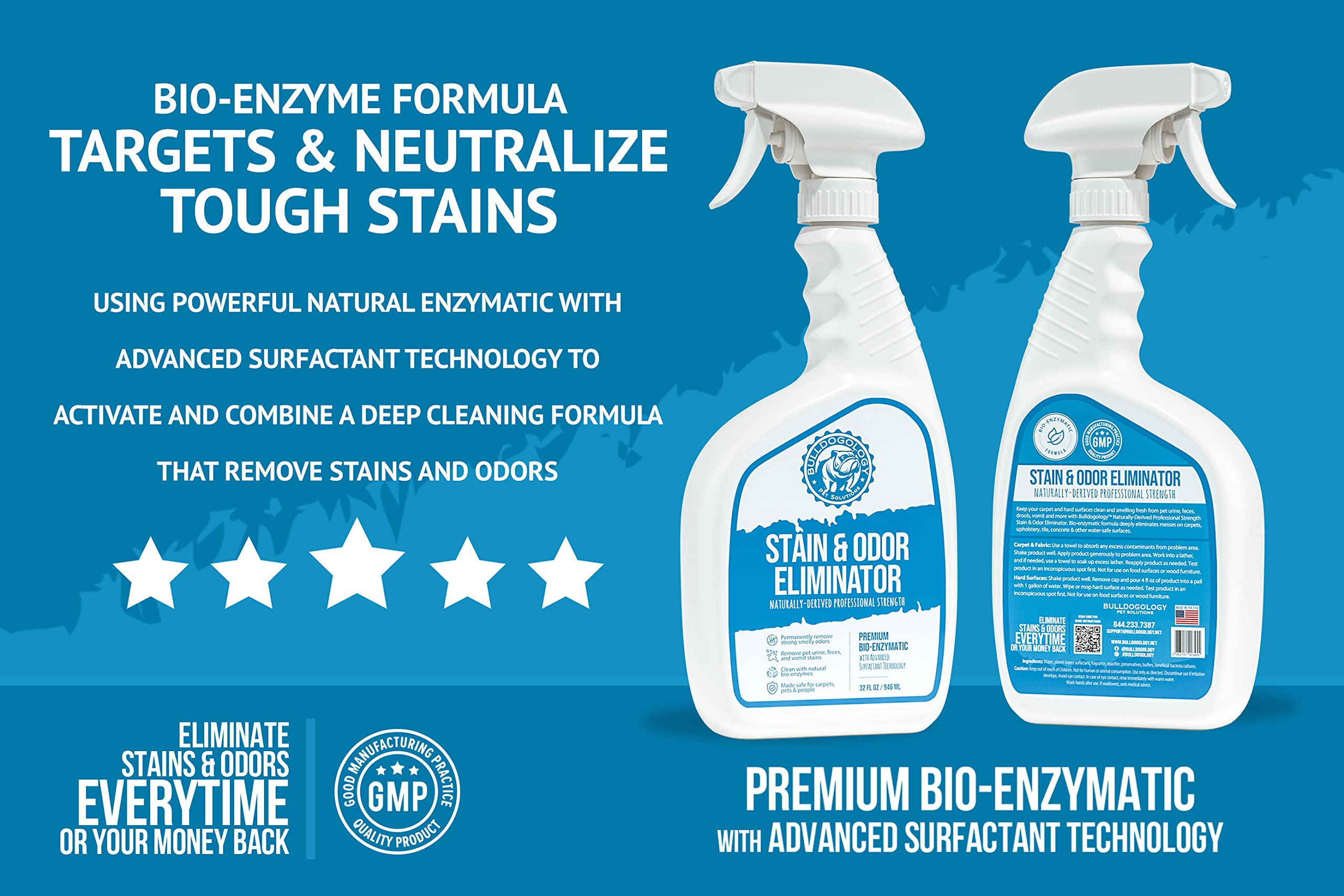 Bulldogology Bio-Enzymatic Pet Stain & Odor Eliminator - Enzyme Cleaner for Cat & Dog Urine, Carpet & Hard Floor Cleaner, Pet Accident Remover with Odor Neutralizer (32oz) - Perfect for Homes with Pets & Carpeted Areas