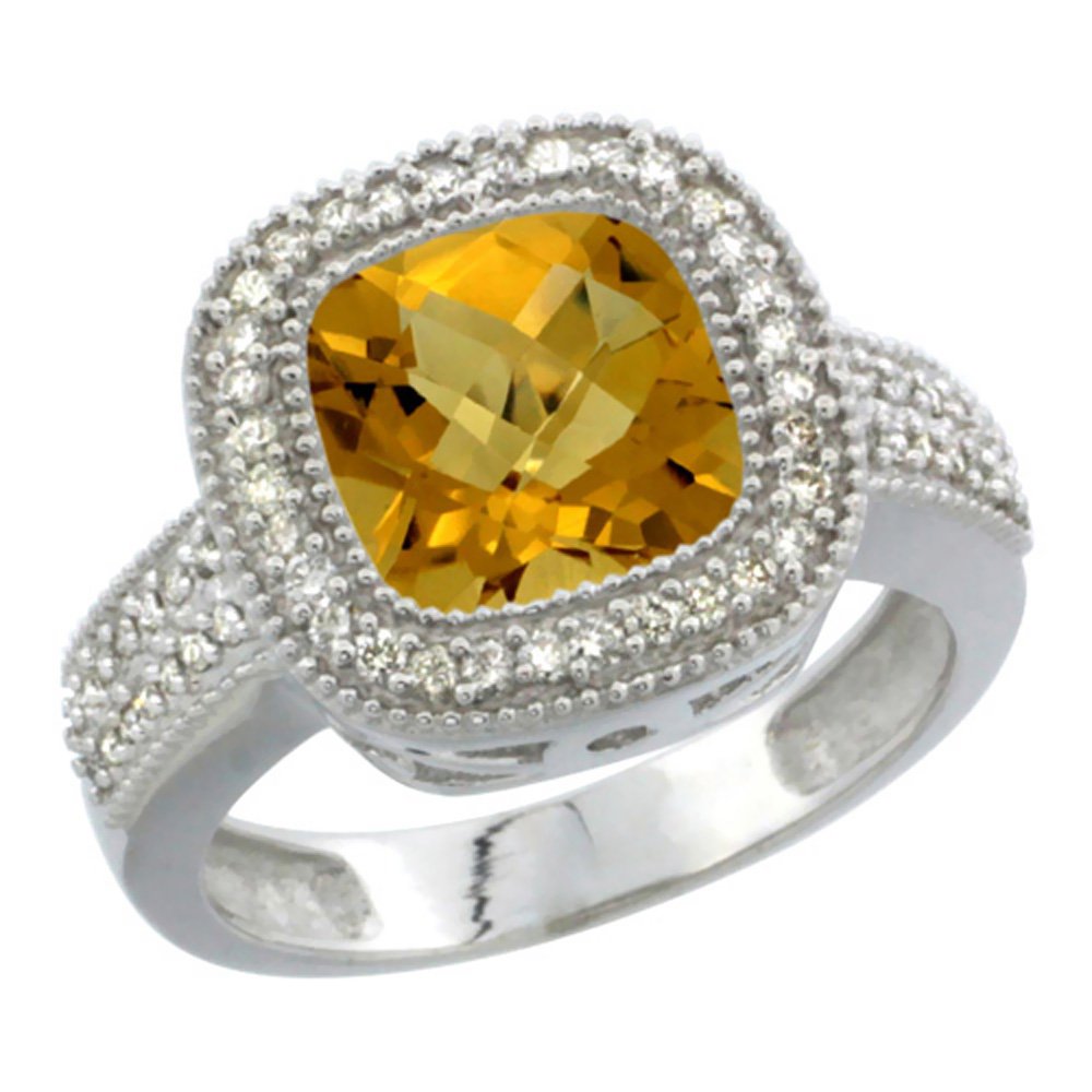 14K White Gold Natural Lemon Quartz Ring with Diamond Accent - Cushion-Cut 9x9mm Gemstone, Size 5-10 - Elegant Jewelry for Weddings, Anniversaries & Special Occasions