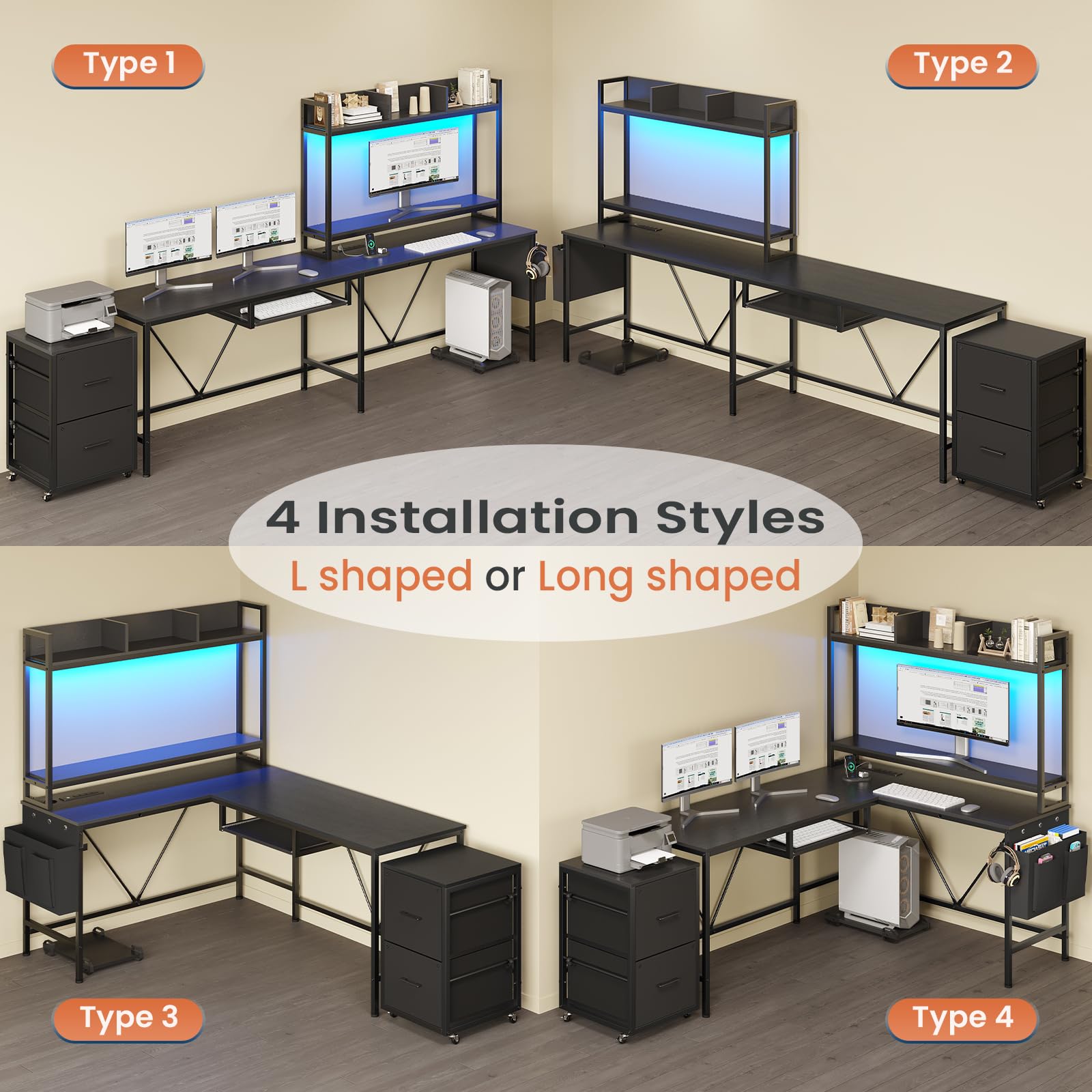 Ergonomic L-Shaped Gaming Desk with Keyboard Tray & Power Outlet - Reversible Corner Computer Desk for Home Office - Includes Mobile File Cabinet, Storage Shelves & Monitor Stand (Black, 67 Inch) - Perfect for Gaming Setups, Workstations & Small Office Spaces