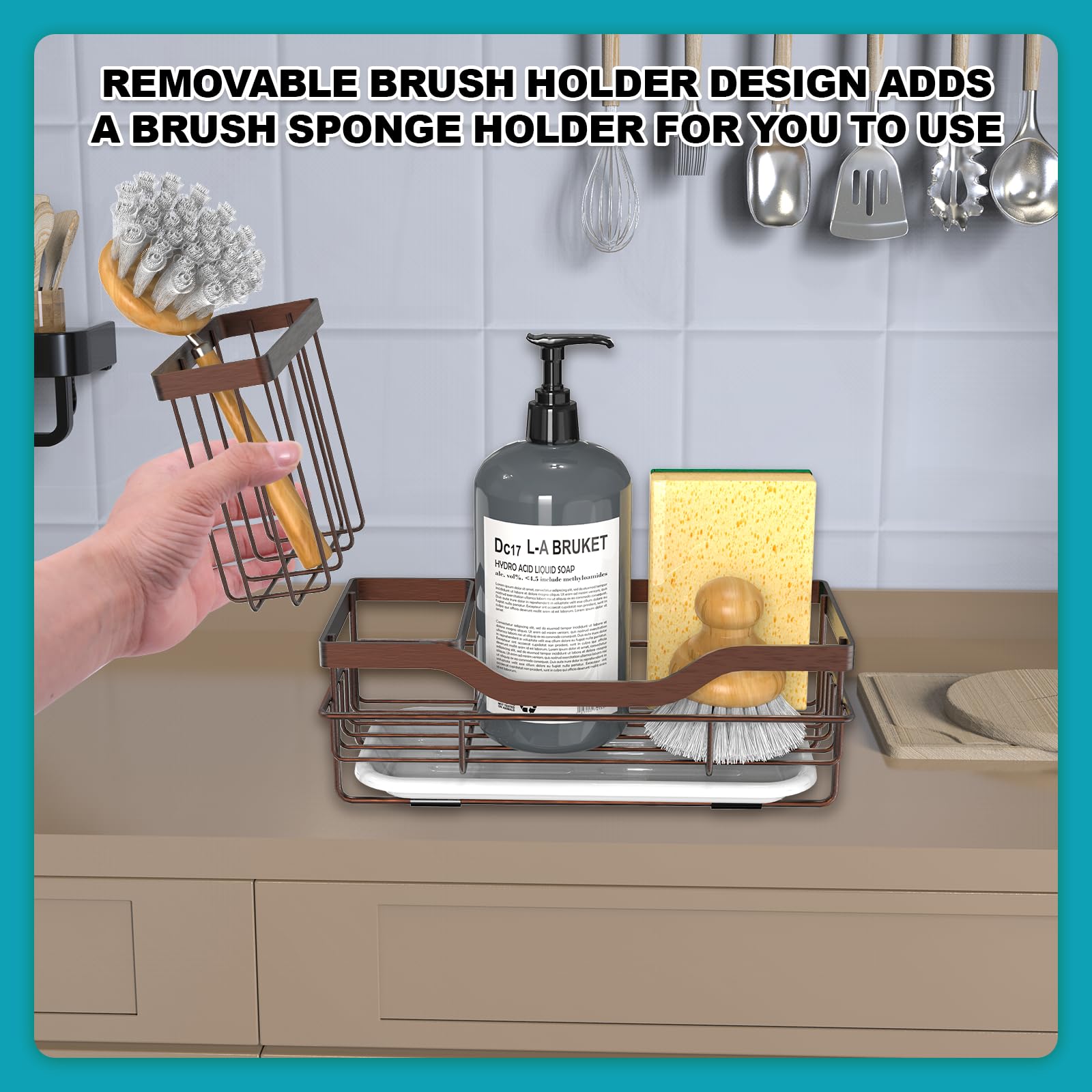 Rustproof Sponge Holder with Brush Holder & Drain Tray - Kitchen Sink Caddy Organizer for Dish Soap Storage, Countertop Accessories - Perfect for Small Kitchen & Home Organization