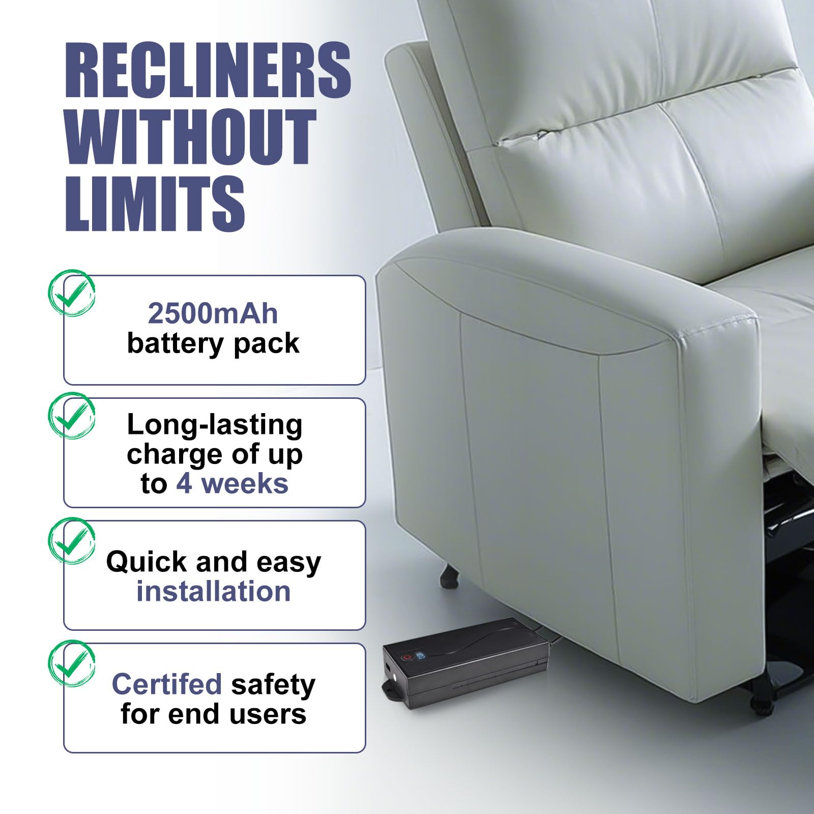 Universal 2500mAh Rechargeable Battery Pack for Electric Recliners - 2-Pin Wireless Power Supply for Sofas, Lift Chairs & Reclining Furniture | Perfect for Home Theater, Living Room & Bedroom Comfort
