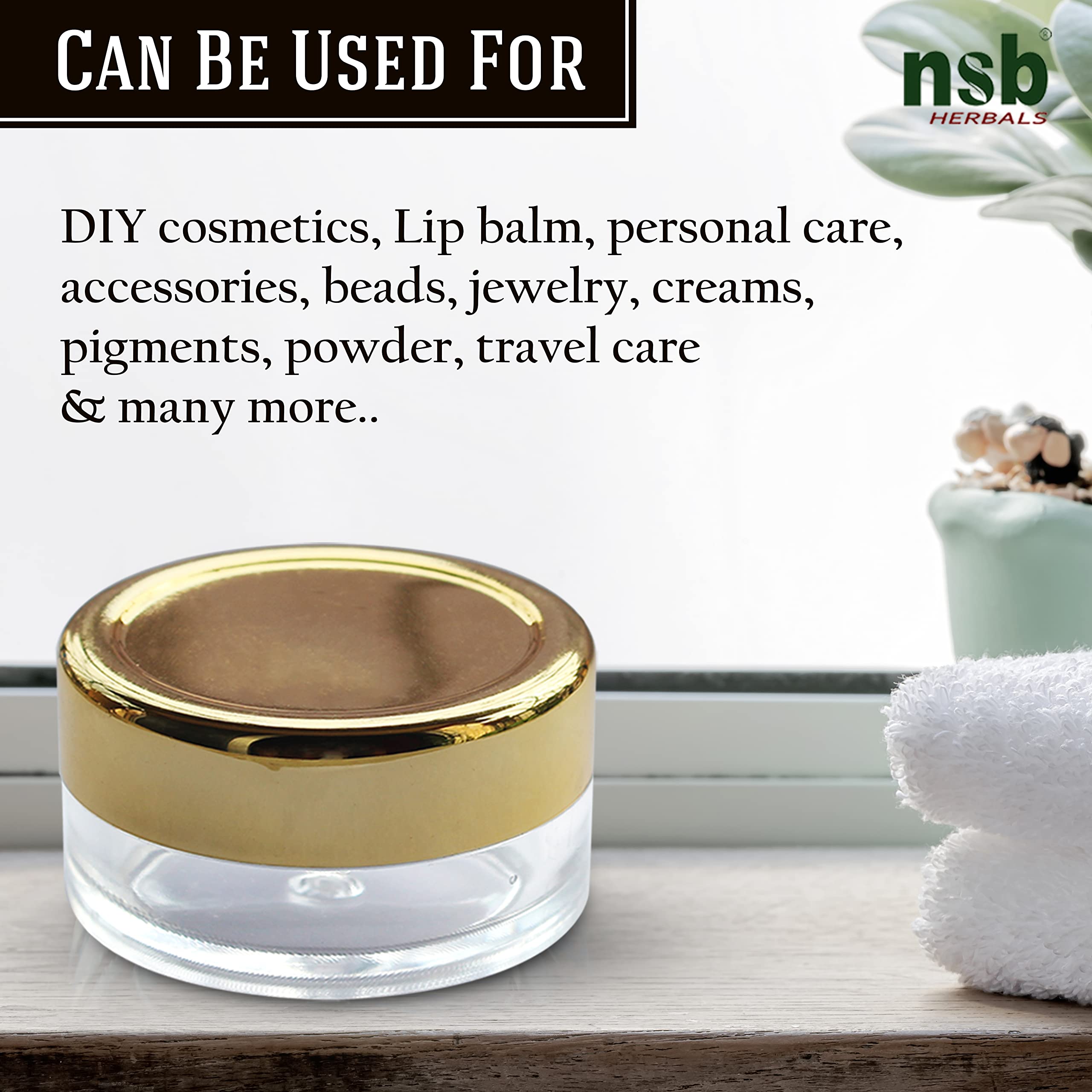 NSB Herbals 8g Acrylic San Jar with Gold Lid - Leakproof Inner Seal for Lip Balm, Body Butter, Eyeshadow & Makeup Storage (6-Pack) | Ideal for DIY Cosmetics, Travel Containers & Salon Organizers