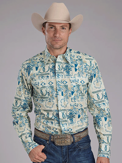 Roper Men's Long Sleeve Tropical Resort Print Western Shirt - Blue | Casual Vacation Wear for Beach, Cruise & Summer Outings