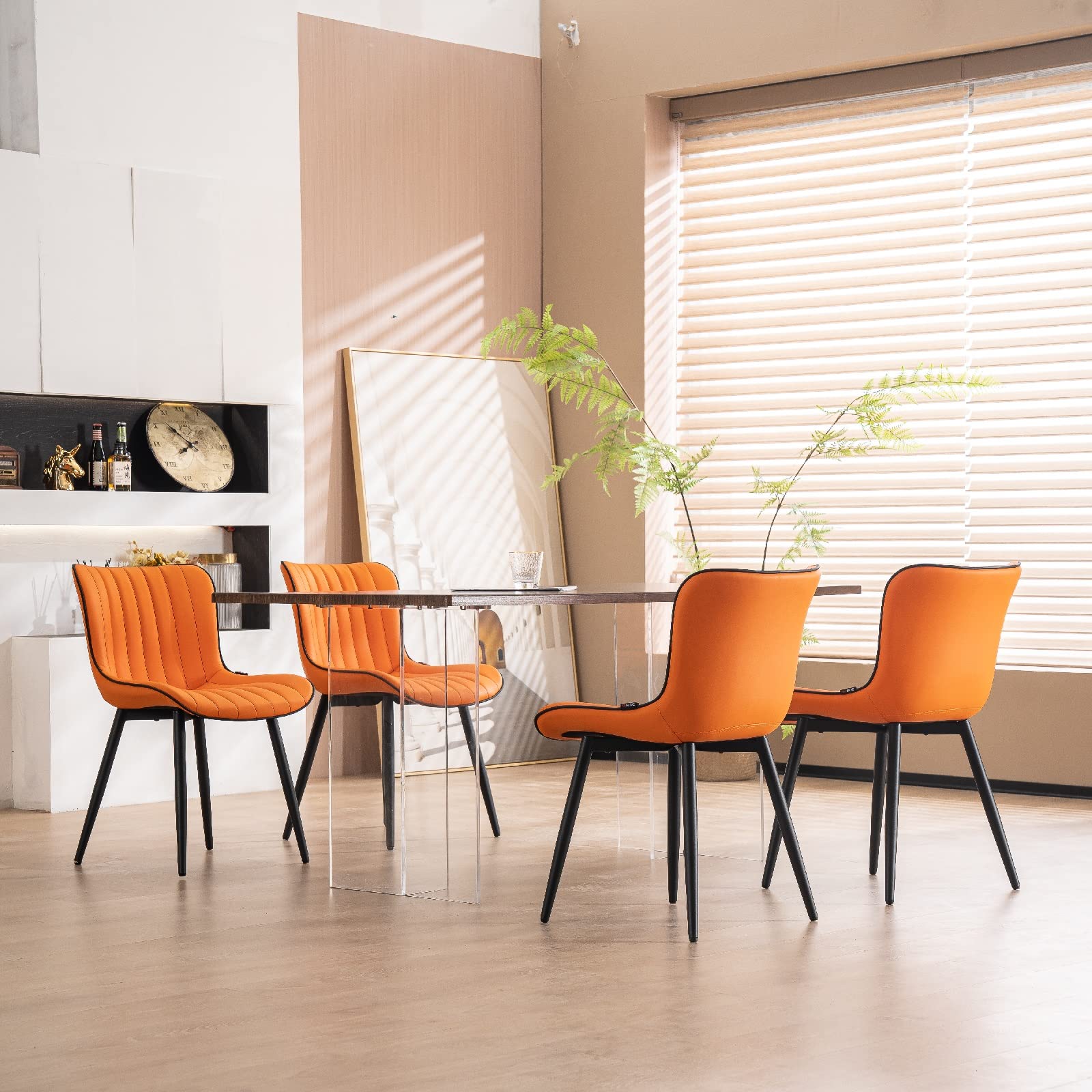 YOUNUOKE Mid Century Modern Dining Chairs Set of 2 - Orange Upholstered Armless Kitchen Chairs with Faux Leather & Metal Legs - Perfect for Dining Room, Kitchen, Living Room, Reception Area and Guest Bedroom