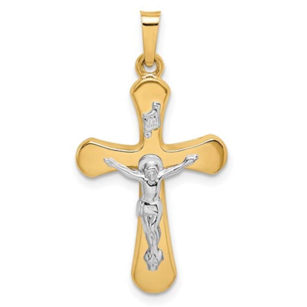 14K Two-Tone Yellow Gold & White Gold INRI Crucifix Pendant Necklace - Polished Cross Charm with Rounded Edges - Religious Jewelry Gift for Women & Men - Perfect for Baptism, Confirmation & Daily Faith Inspiration