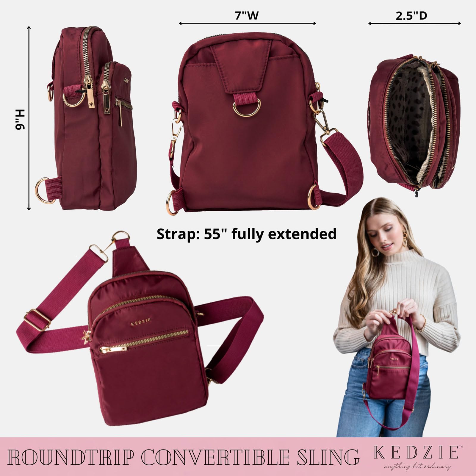 KEDZIE Women's Roundtrip Convertible Sling & Crossbody Bag with Adjustable Strap - Perfect for Travel, Work, and Everyday Use