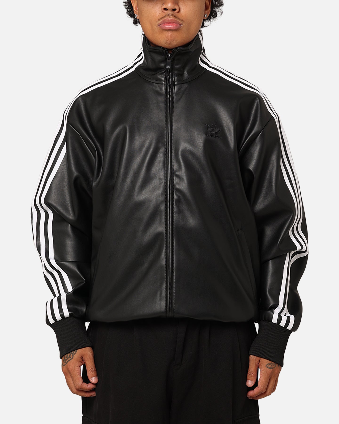 Adidas Faux Leather Adicolor 3-Stripes Firebird Track Jacket for Men & Women - Black Loose Fit Tracksuit Top for Running, Gym & Streetwear Fashion