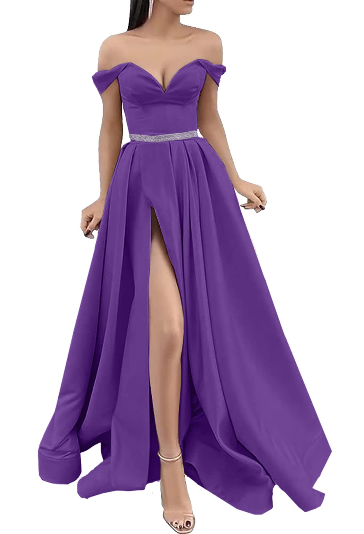 ANGELWARDROBE Women's Long Off The Shoulder Prom Dress - Elegant Satin Formal Evening Gown with Thigh High Slit & Pockets - Perfect for Homecoming, Wedding Guest, Cocktail Party, and Special Occasions