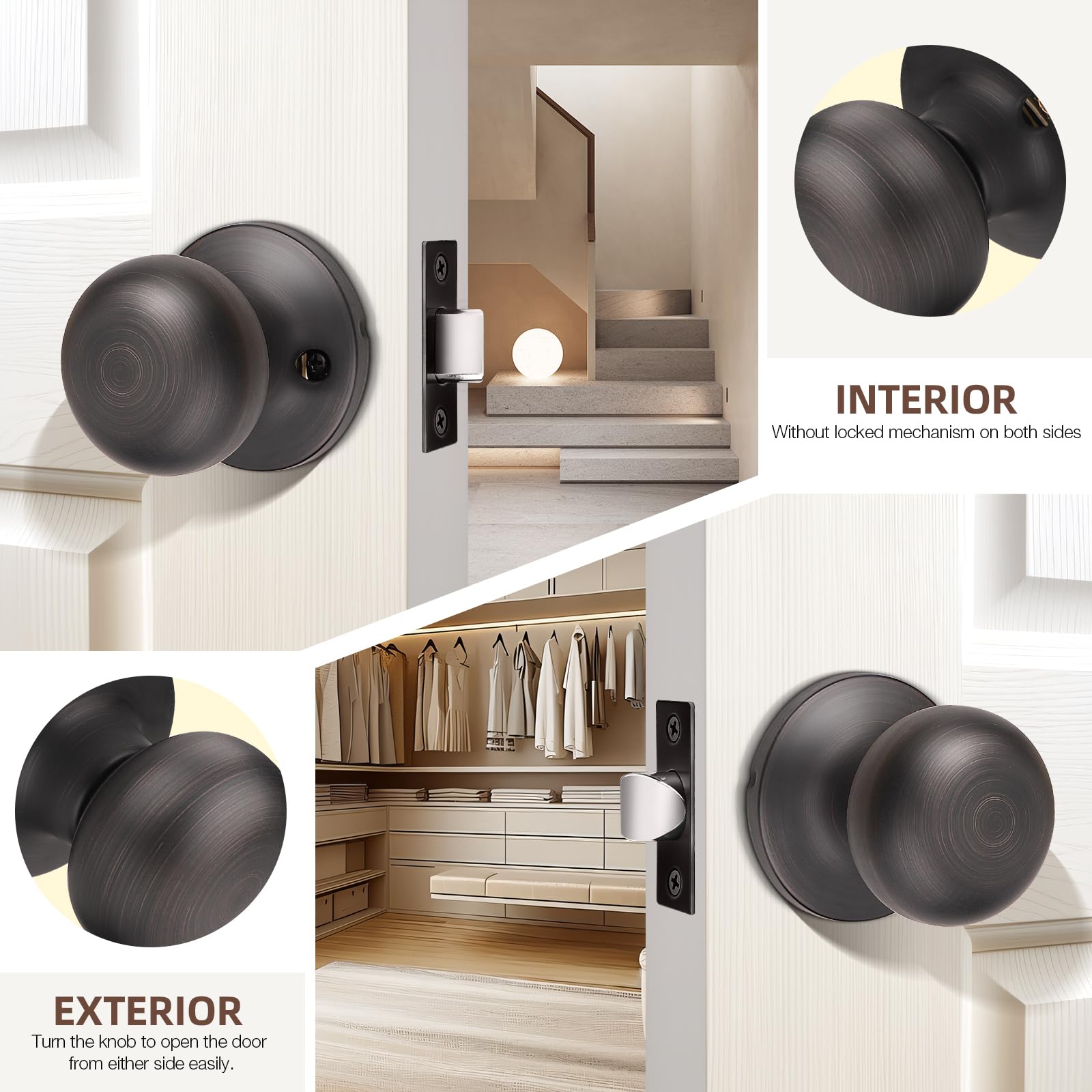 GOBEKOR 2 Pack Oil Rubbed Bronze Interior Door Knobs with Lock - Passage & Closet Door Handles for Bedroom, Bathroom & Cabinet Doors (Smooth Operation & Easy Installation)
