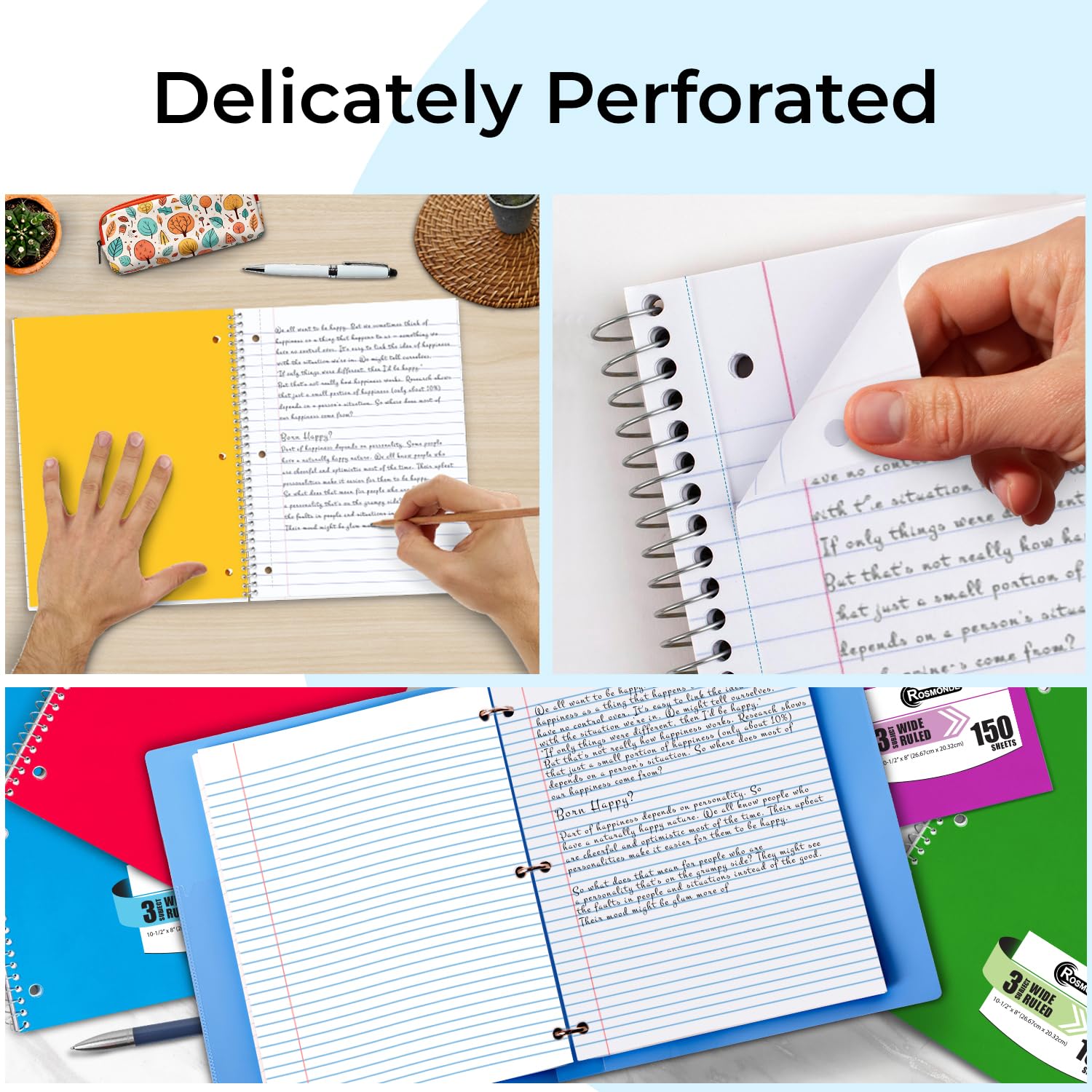 36 Pack 3 Subject Spiral Notebooks - Wide Ruled, Thick Paper, 300 Pages (150 Sheets), 8 x 10.5 Inch - Bulk School Supplies for Students, Teachers & Office Use | Perfect for Note Taking, Journaling & Homework Organization