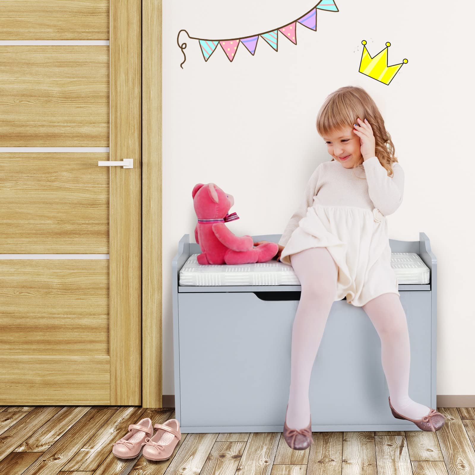 Costzon Kids Wooden Toy Chest with Bench Seat - Large Toy Storage Box with Finger-Pinch Prevention & Lift-Top Foot Rest - Perfect for Toddler Bedroom, Playroom, or Entryway Organization (Grey)