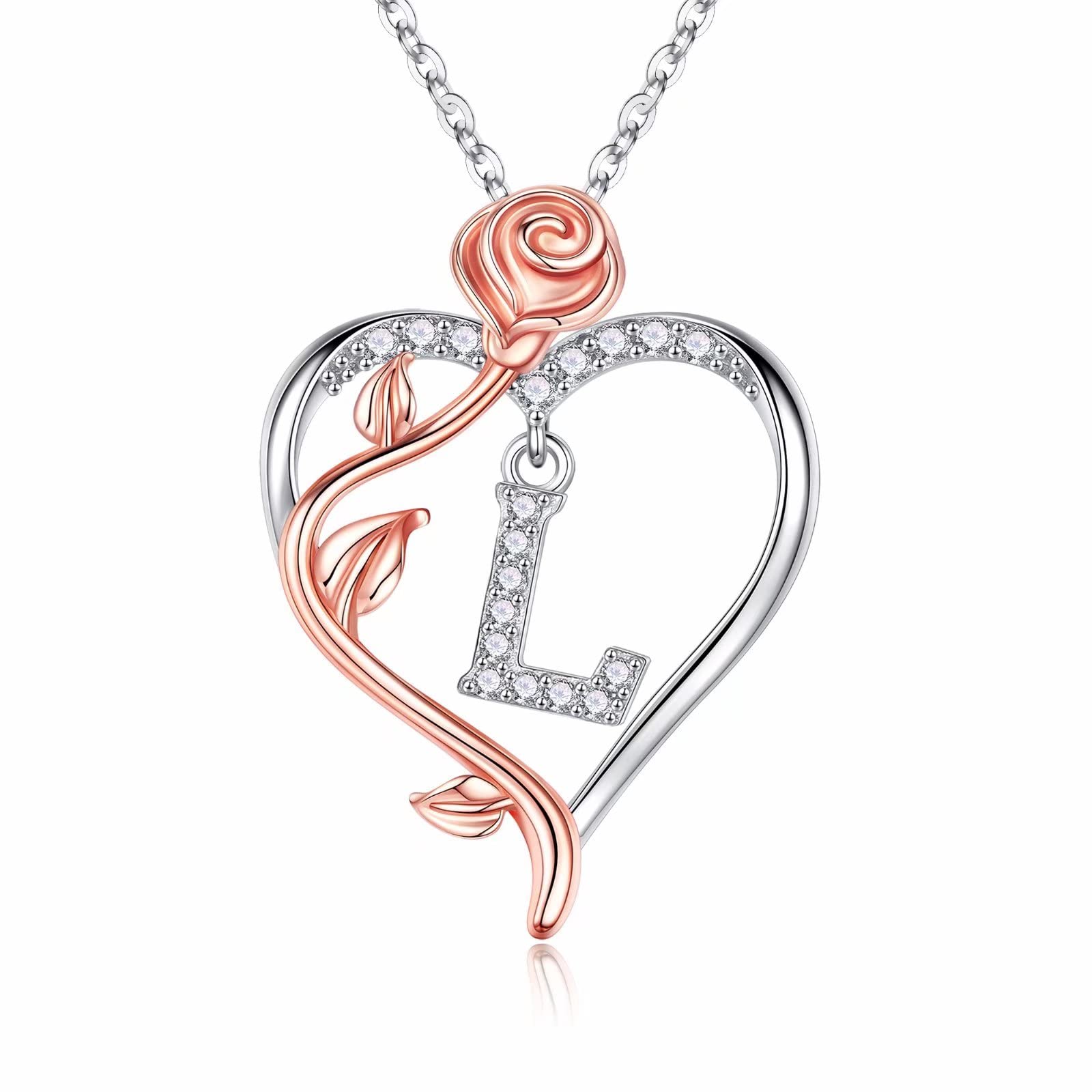 Rose Heart Initial Necklace for Women - 925 Sterling Silver Rose Pendant Jewelry, Personalized Anniversary Birthday Gift for Wife Girlfriend Mom - Perfect for Valentine's Day, Wedding, Mother's Day & Romantic Occasions