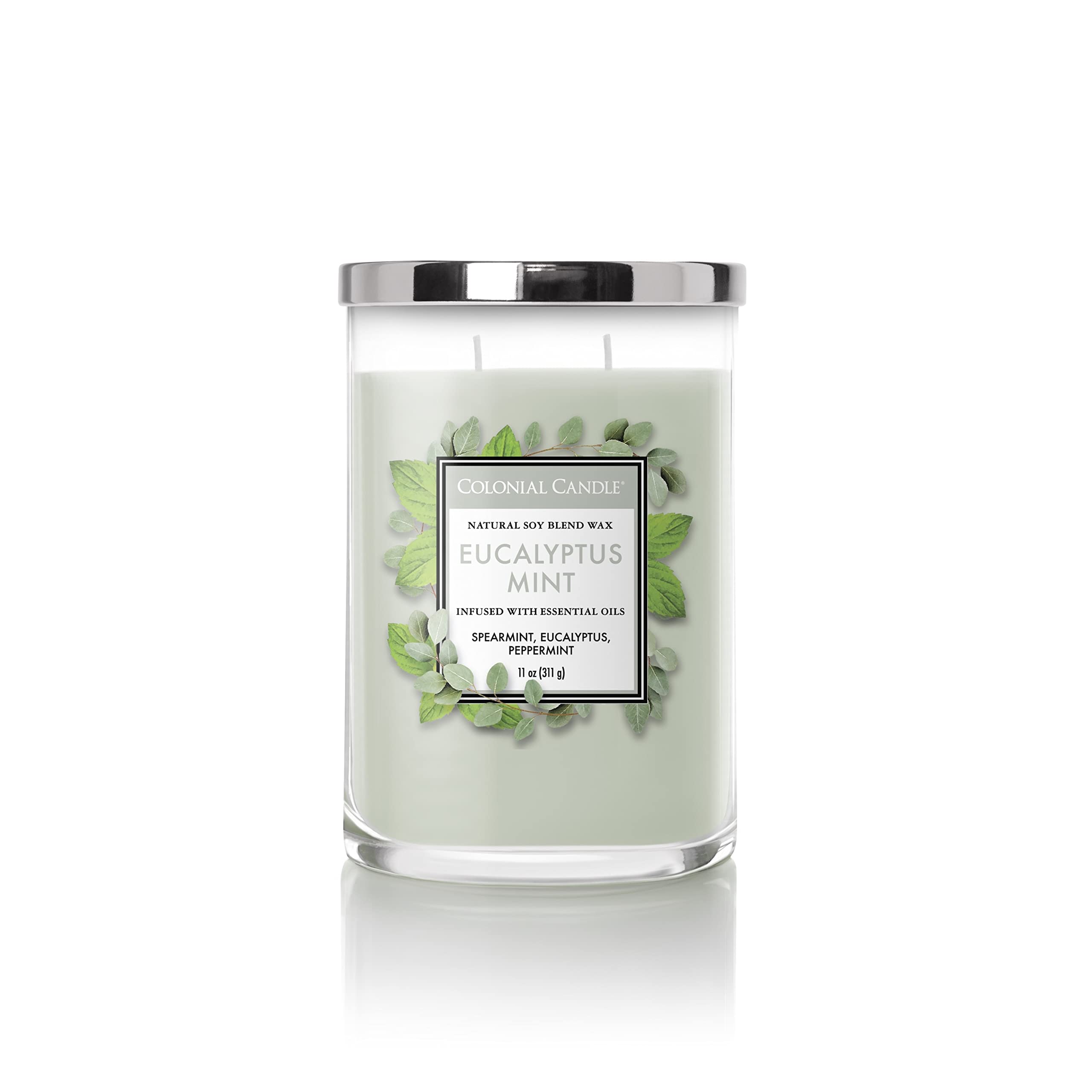 Colonial Candle Eucalyptus Mint Scented Jar Candle - 2 Wick, 11 oz (80 Hours Burn Time) | Classic Cylinders Collection | Green Home Decor for Relaxation, Spa & Aromatherapy