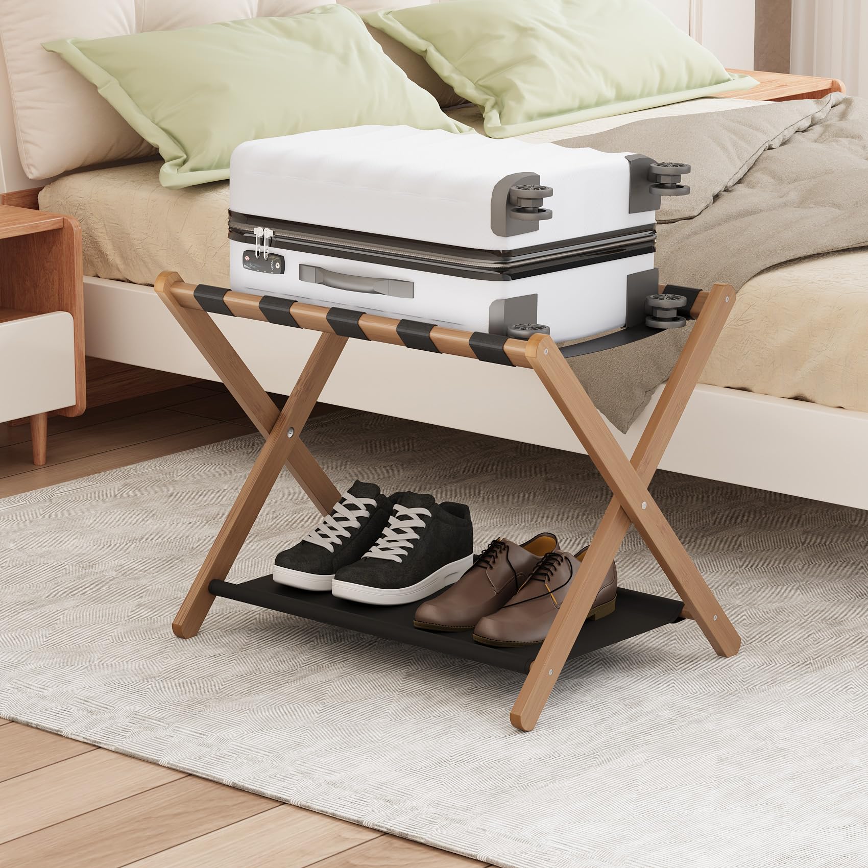 Smuxee Foldable Walnut Bamboo Luggage Rack with Storage Shelf - 5 Nylon Straps for Bedroom, Guest Room & Hotel Use - Easy Assembly Suitcase Stand | Perfect for Travel Storage & Space-Saving Organization