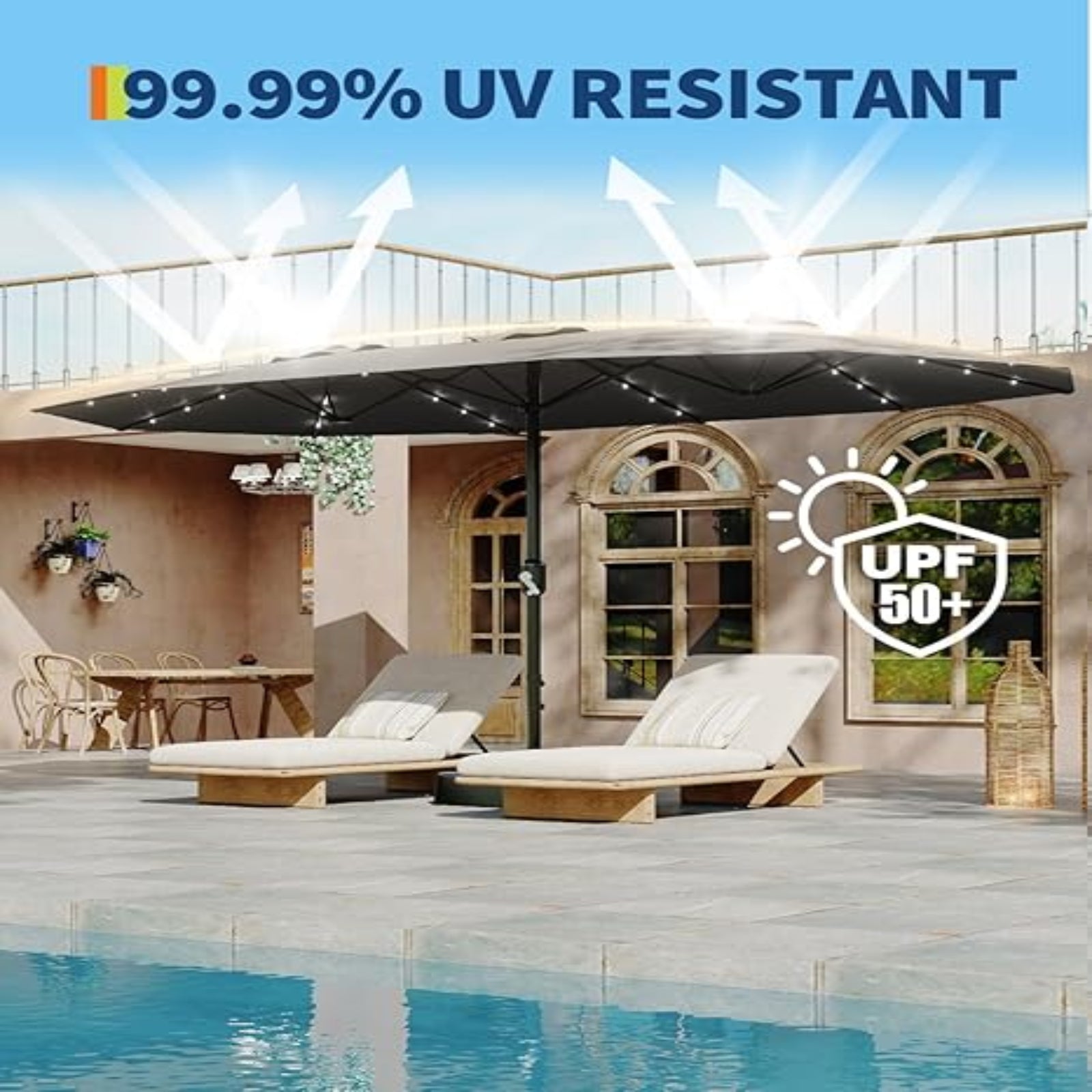 GARVEE 15-Foot Solar Powered Patio Umbrella with 36 LED Lights - Double Sided Design & Sturdy Cross Base - Perfect for Poolside, Deck, Backyard, Garden, Outdoor Dining - Light Grey Weather-Resistant Shade Canopy