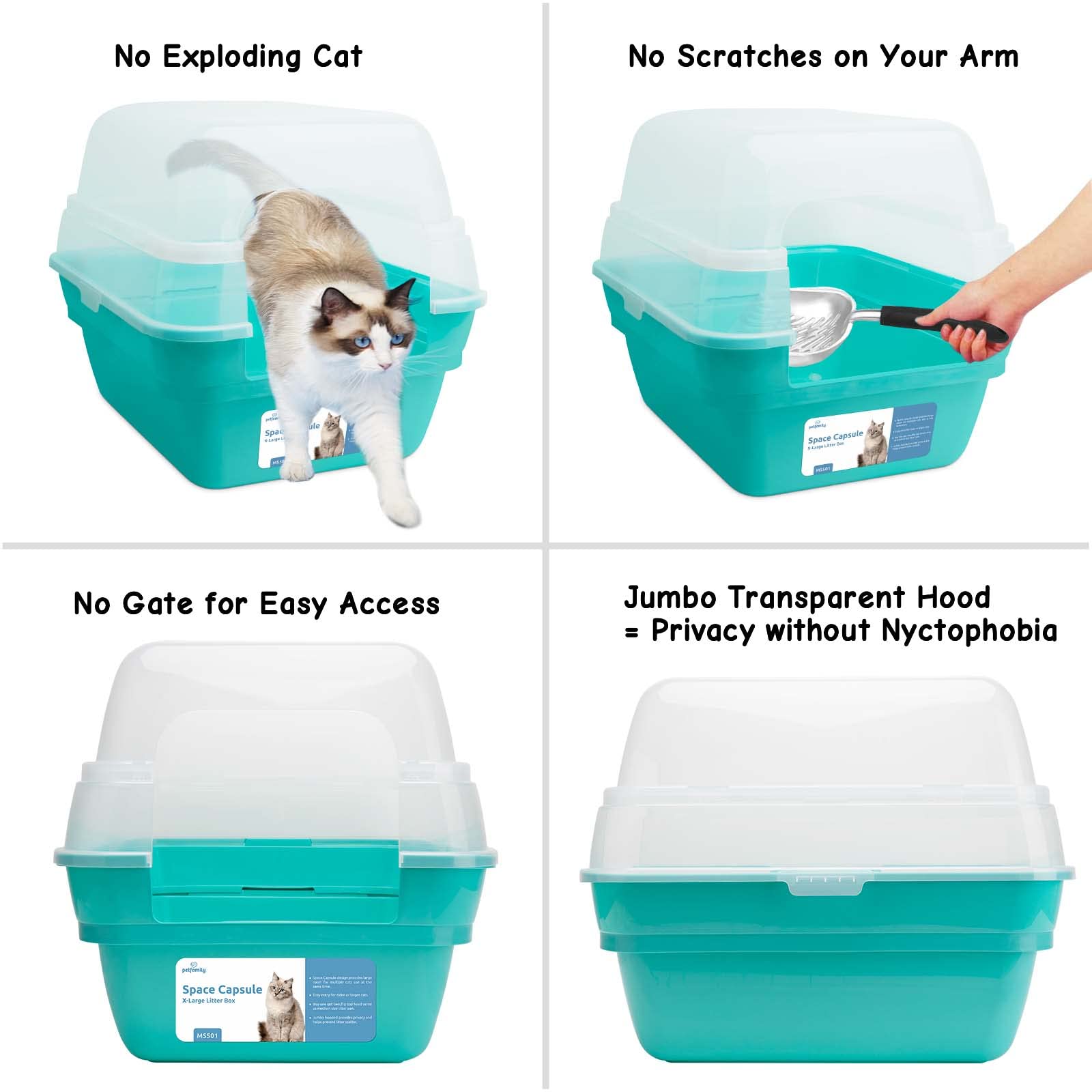 Foldable Large Hooded Cat Litter Box with Transparent Lid - Jumbo Size for Multiple Cats, Odor Control & Privacy (Teal) | Ideal for Home, Apartment & Travel Use