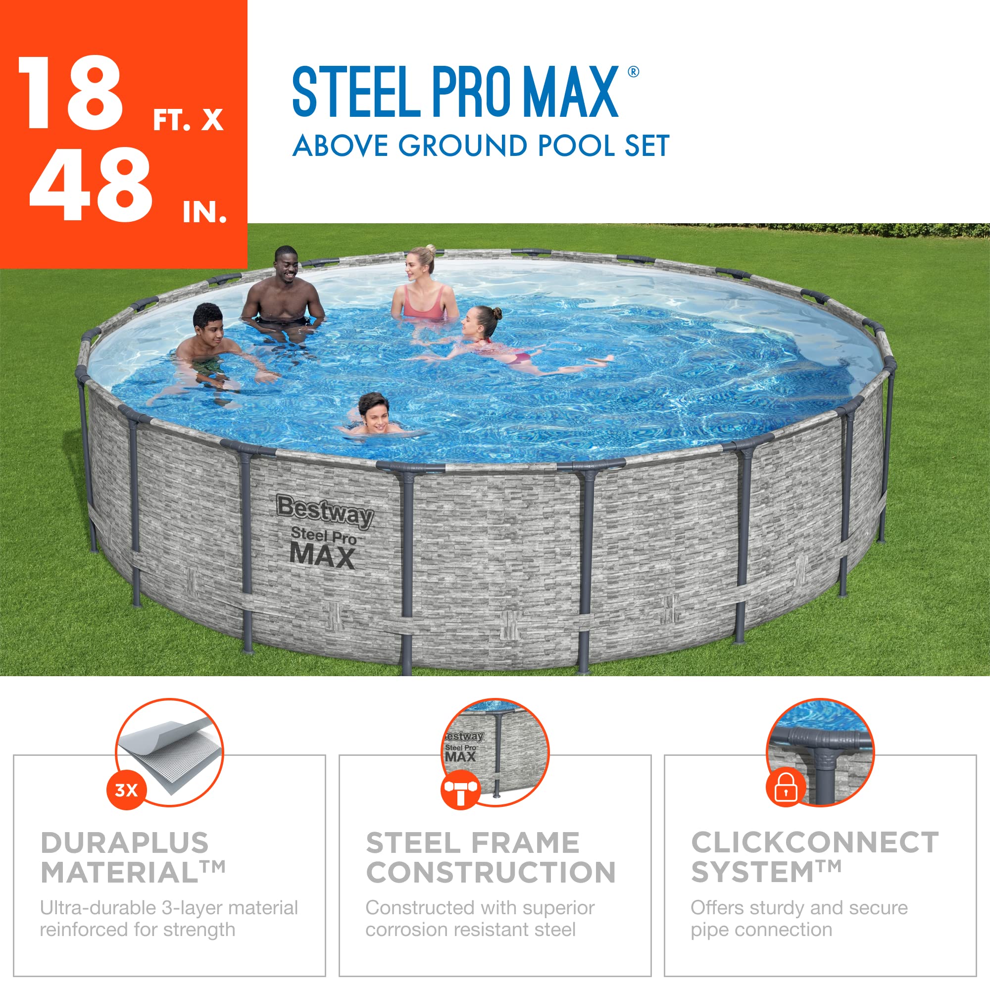 Bestway Steel Pro MAX 18’ x 48” Round Above Ground Swimming Pool Set with 1500GPH Filter Pump - Durable Frame Pool with Stone Print Liner, Includes 48