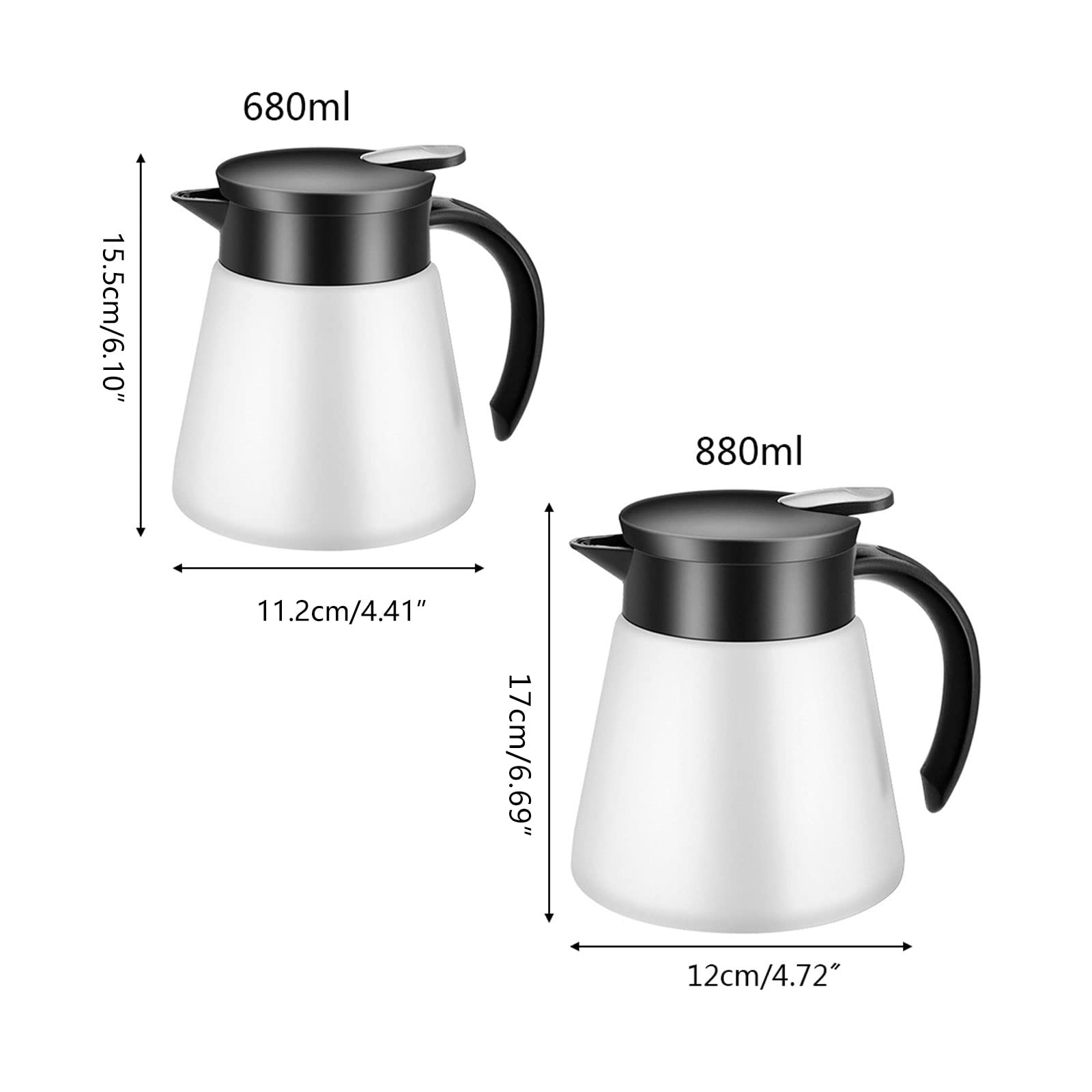 600ml/880ml Stainless Steel Double Wall Vacuum Insulated Milk Tea Kettle - White | Heat & Cold Retention | Perfect for Coffee, Tea & Beverage Serving at Home, Office or Cafe