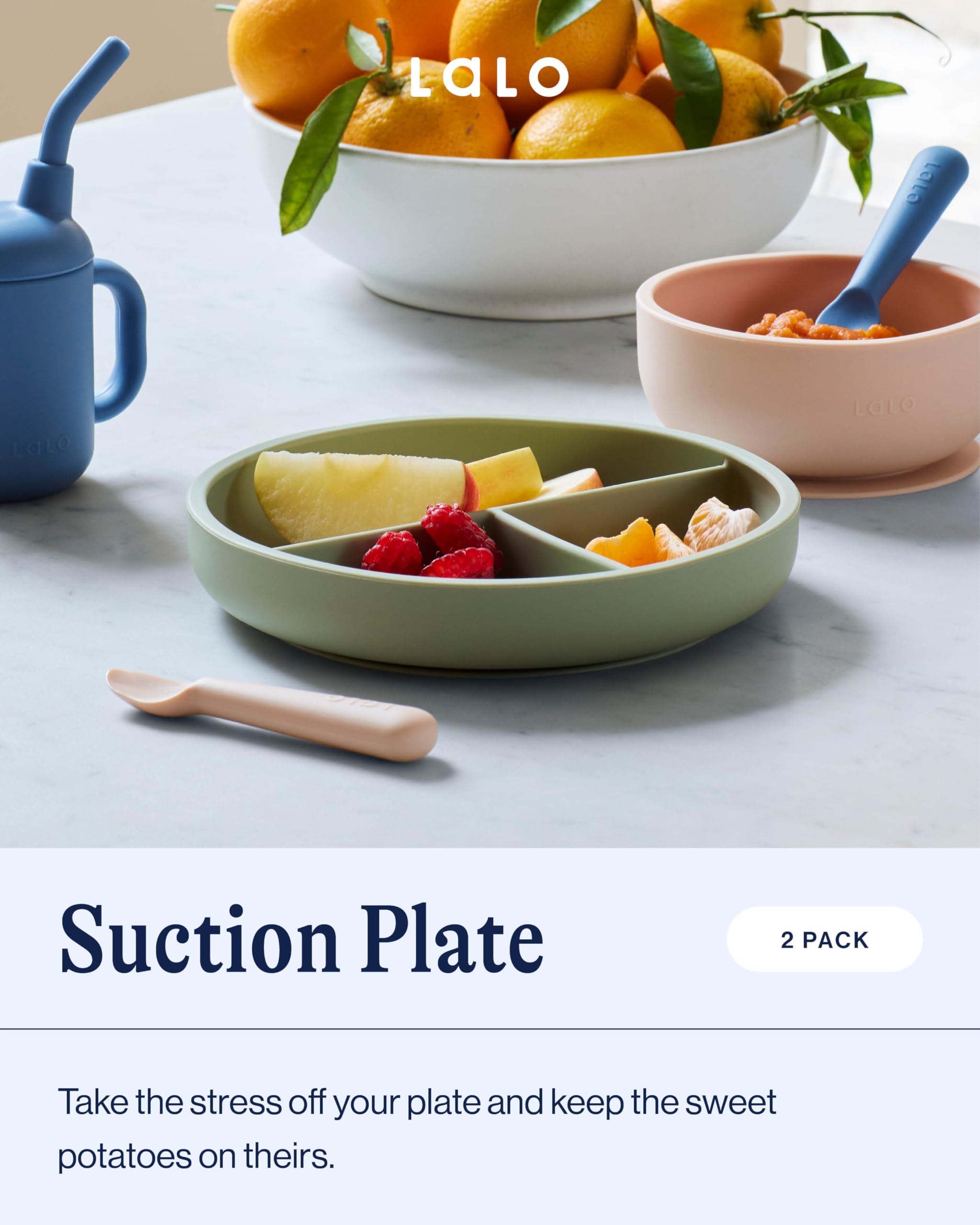 Lalo Suction Plates - 2 Pack Non-Toxic Silicone Baby Plates with Strong Suction Base | BPA-Free, 3 Divided Sections for Toddlers | Perfect for Oatmeal, Purees & Finger Foods | Secure Mealtime Solution for High Chairs & Tables