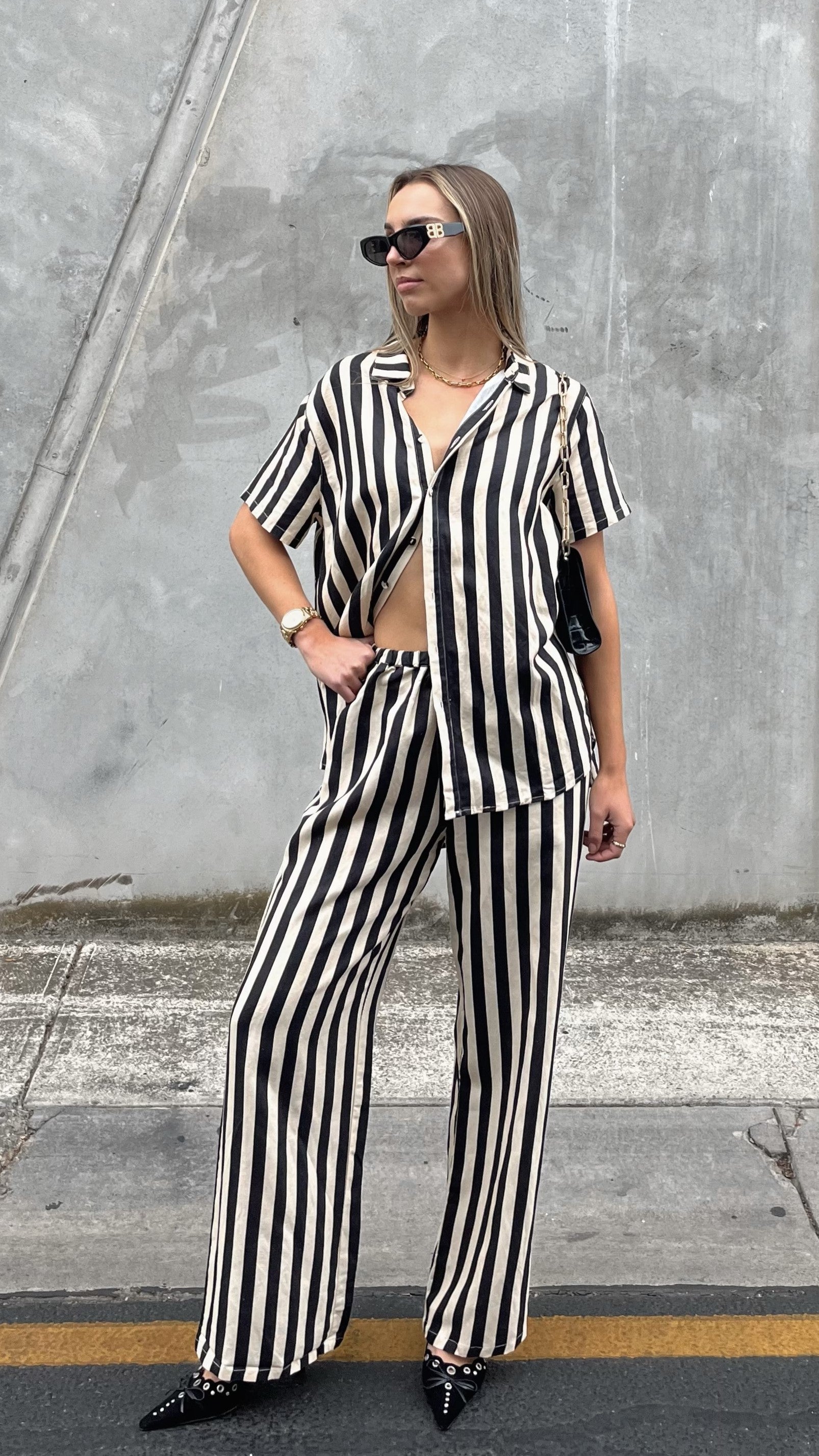 Josie Pants for Women - Black & Beige Striped High-Waisted Trousers | Comfortable Office Wear & Casual Outfits