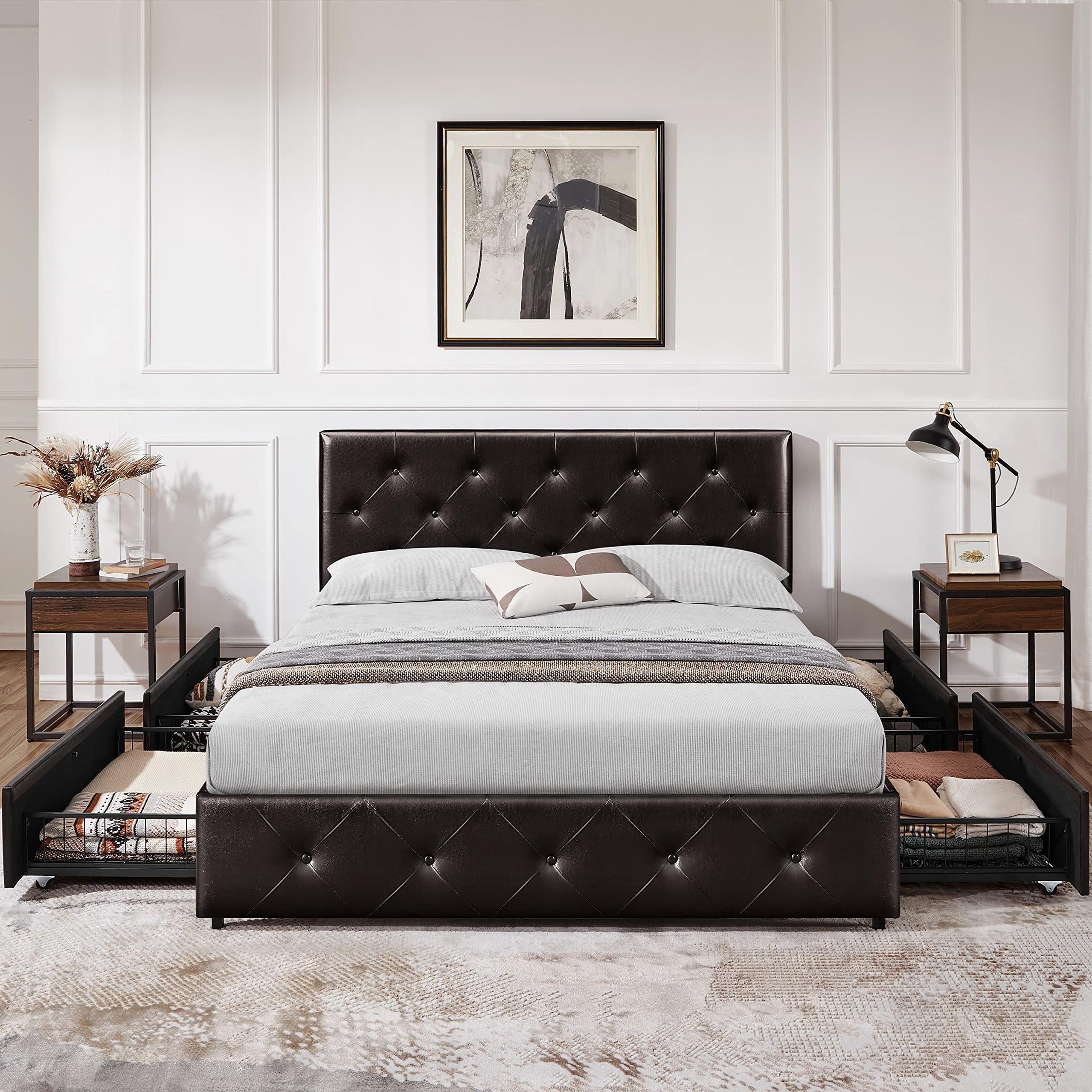 Topeakmart Queen Upholstered Bed Frame with Adjustable Headboard, 4 Storage Drawers & Wood Slat Support - Tufted Faux Leather Platform Bed, No Box Spring Needed (Black Brown) - Perfect for Small Bedrooms, Guest Rooms & Space-Saving Storage Solutions