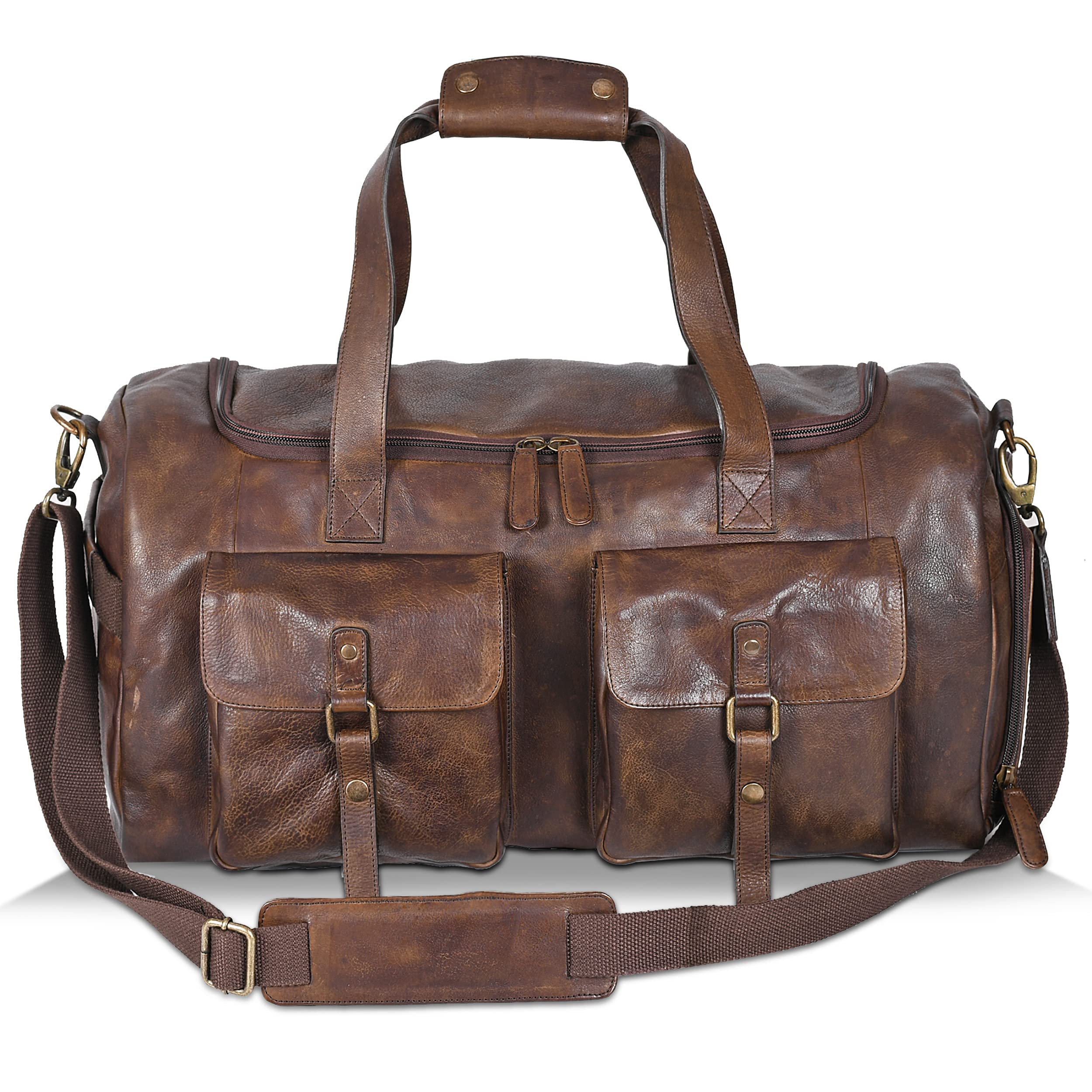 Genuine Leather Weekender Bag - Oversized Travel Duffel Carry-On for Men & Women | Perfect for Weekend Getaways, Business Trips & Gym (Brown Wash)