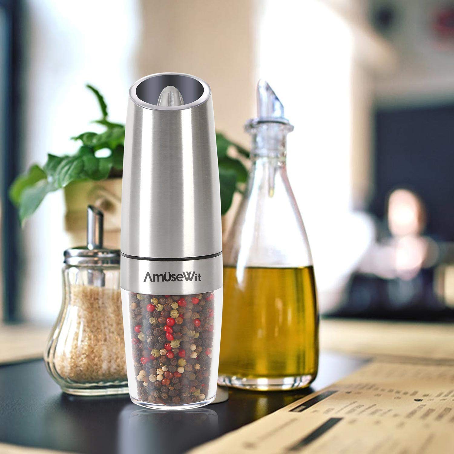 AmuseWit 4-Piece Gravity Electric Salt and Pepper Grinder Set - Battery Powered Automatic Spice Mill with LED Light, Adjustable Coarseness, One-Hand Operation & Cleaning Brush - Perfect for Kitchen, Dining Table, Camping and Gifts