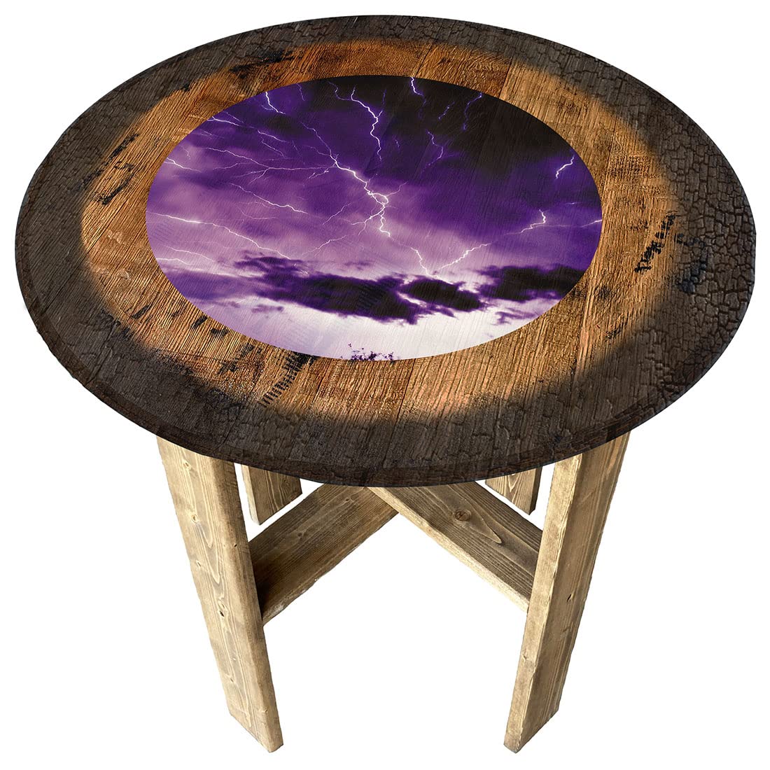 Purple Storm Sky Pub Gift Farmhouse Rustic Round Whiskey Barrel End Table - Vintage Wooden Side Table for Living Room, Bedroom & Man Cave Decor